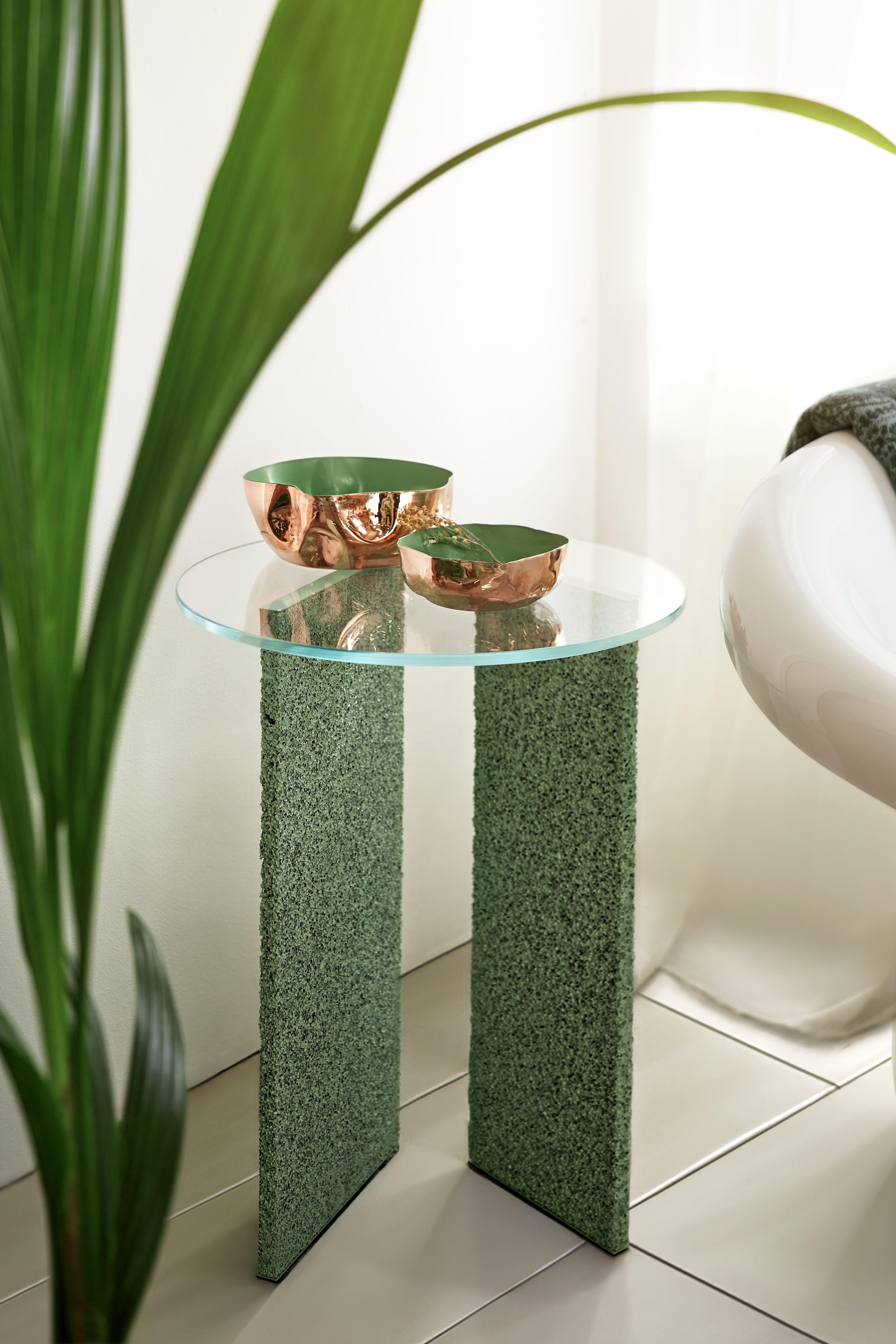 Contemporary SLAB Light Green Textured Side Table With Glass Top For Sale