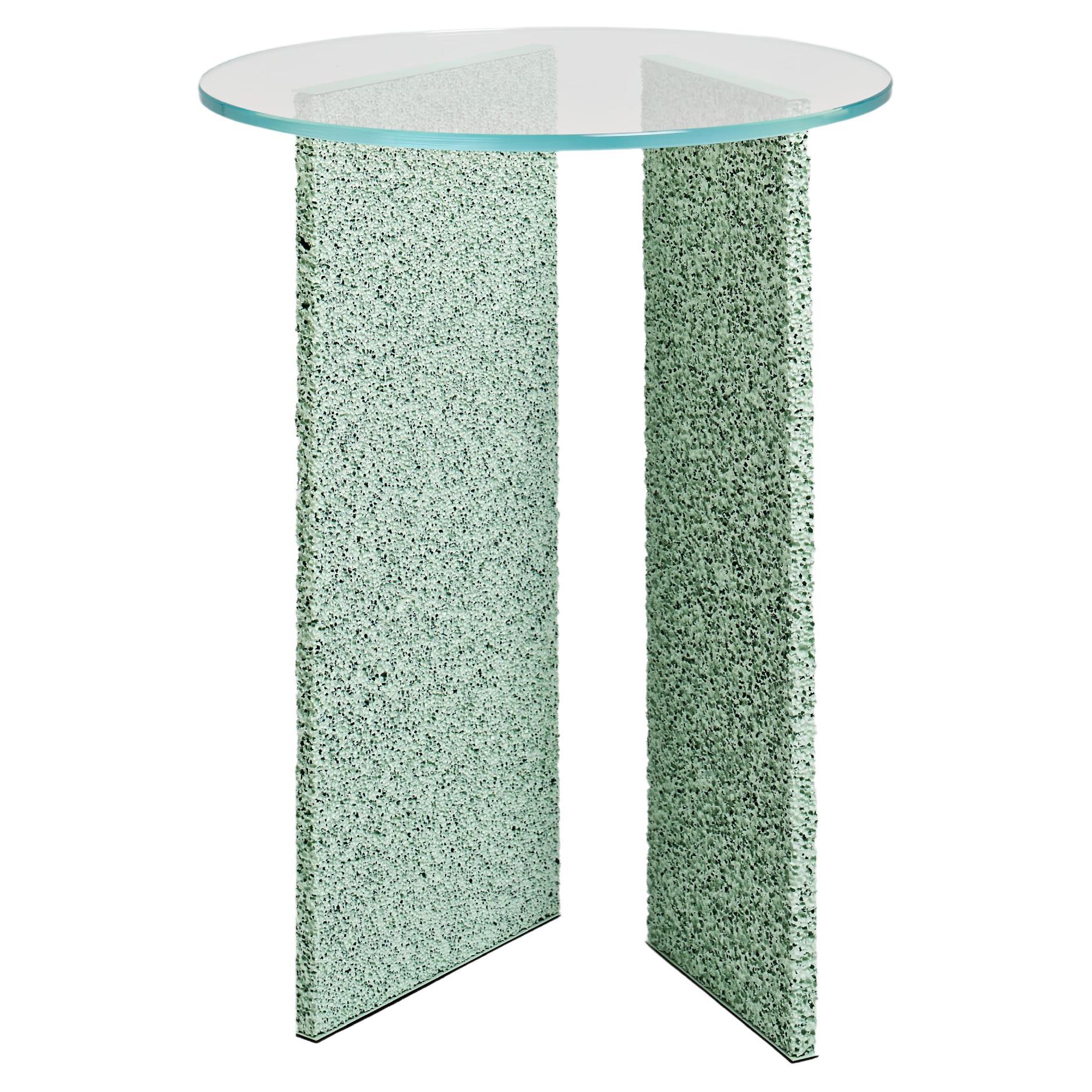 SLAB Light Green Textured Side Table With Glass Top For Sale