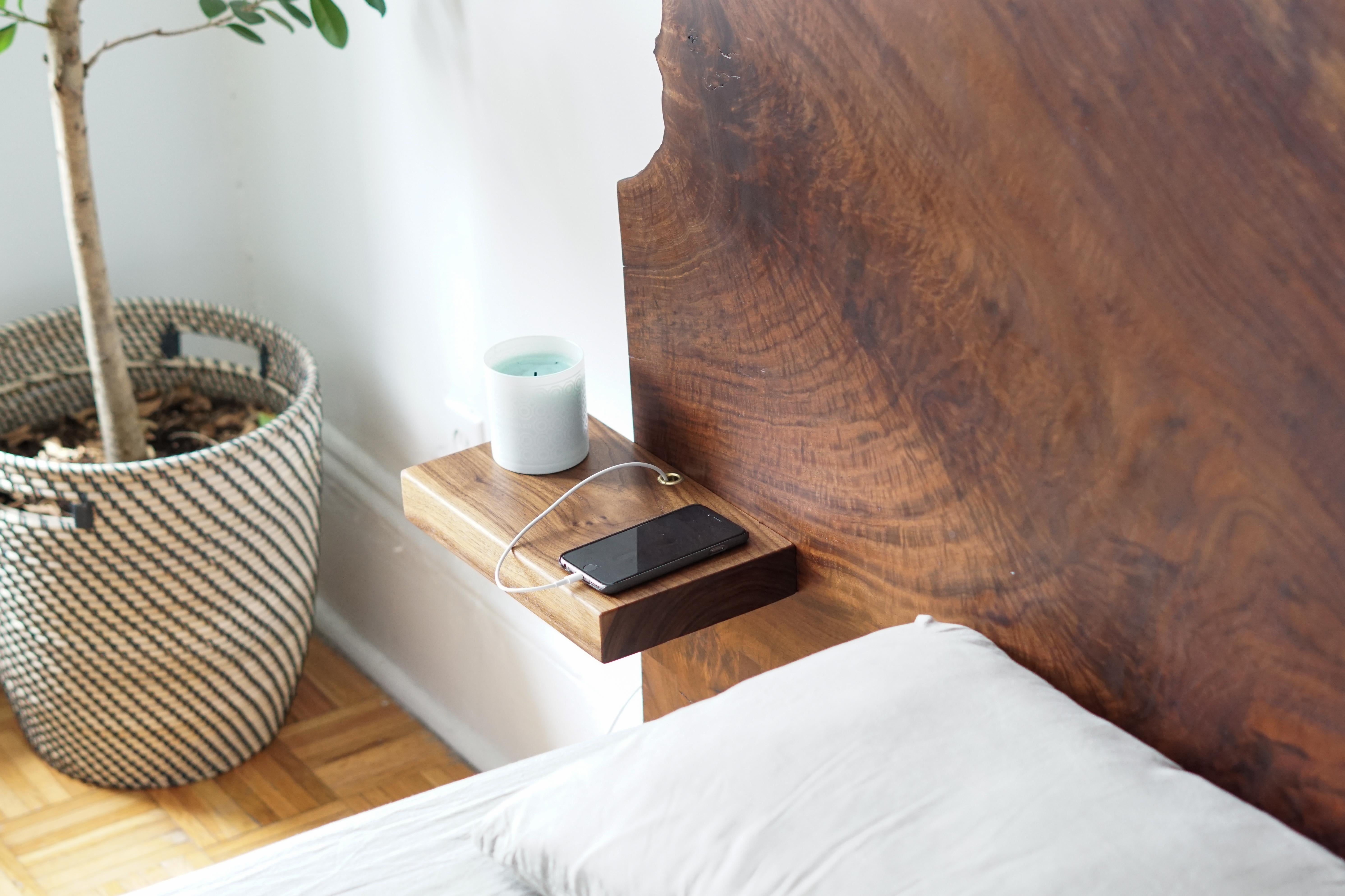 Steel Slab Nº3 Modern Claro Walnut Slab Queen Bed, Floating Shelf by Swell Studio For Sale