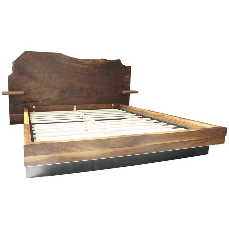 Slab Nº3 Modern Claro Walnut Slab Queen Headboard, Floating Shelf and Steel Base For Sale at 1stdibs