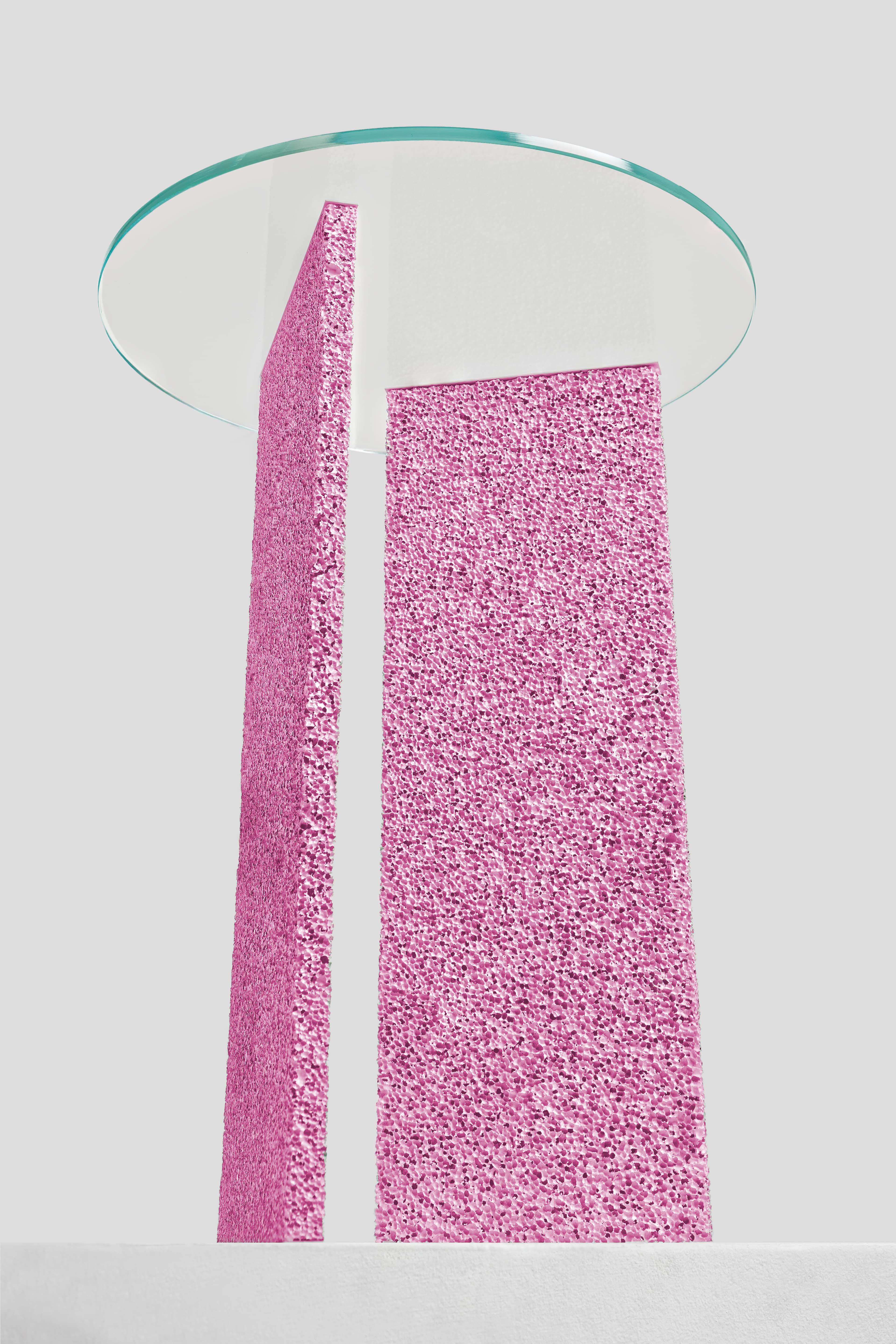 Cast SLAB Sakura Pink Textured Side Table With Glass Top For Sale