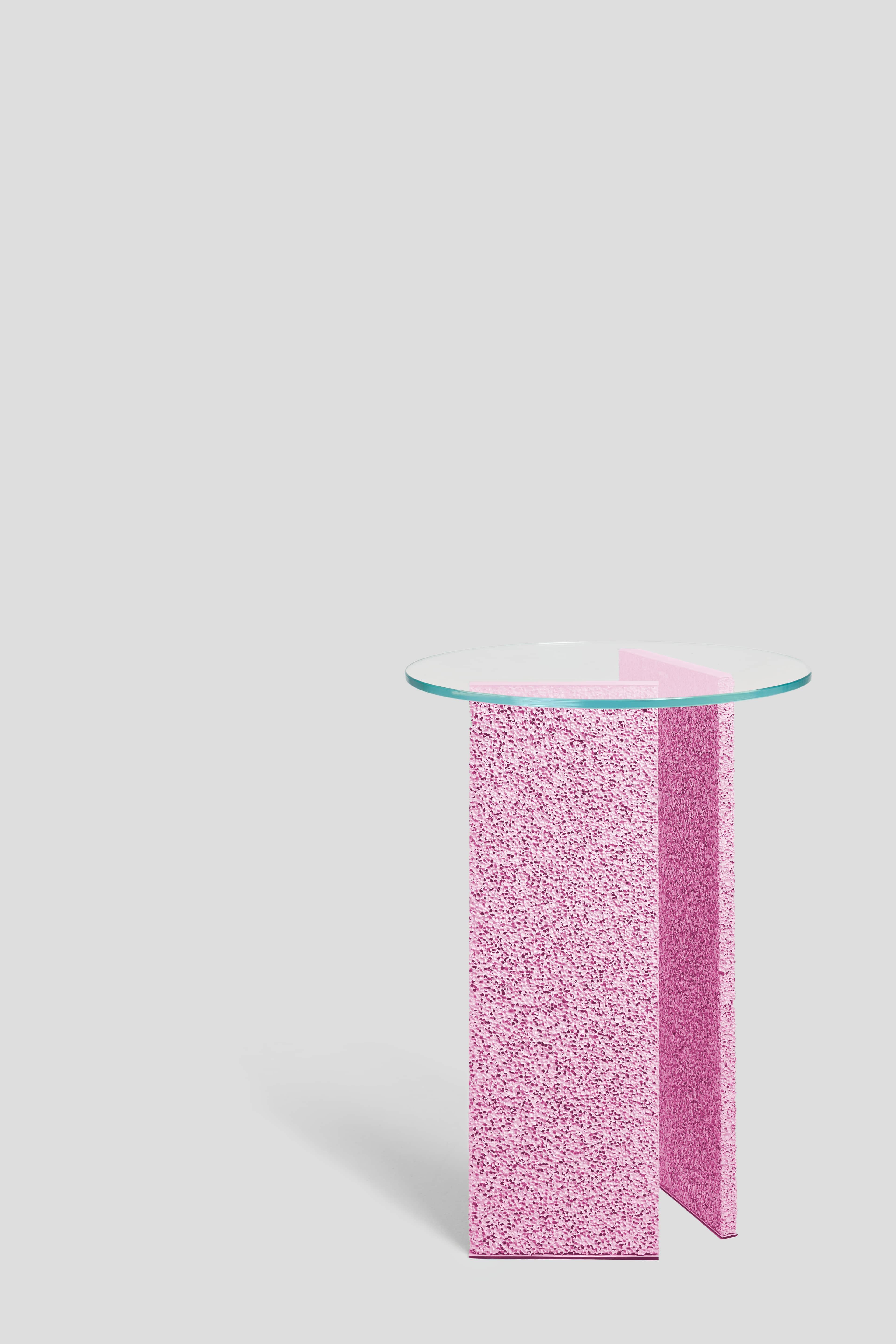 Contemporary SLAB Sakura Pink Textured Side Table With Glass Top For Sale