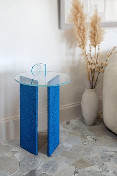 SLAB Textured Blue Side Table with Metal Legs and Glass Top