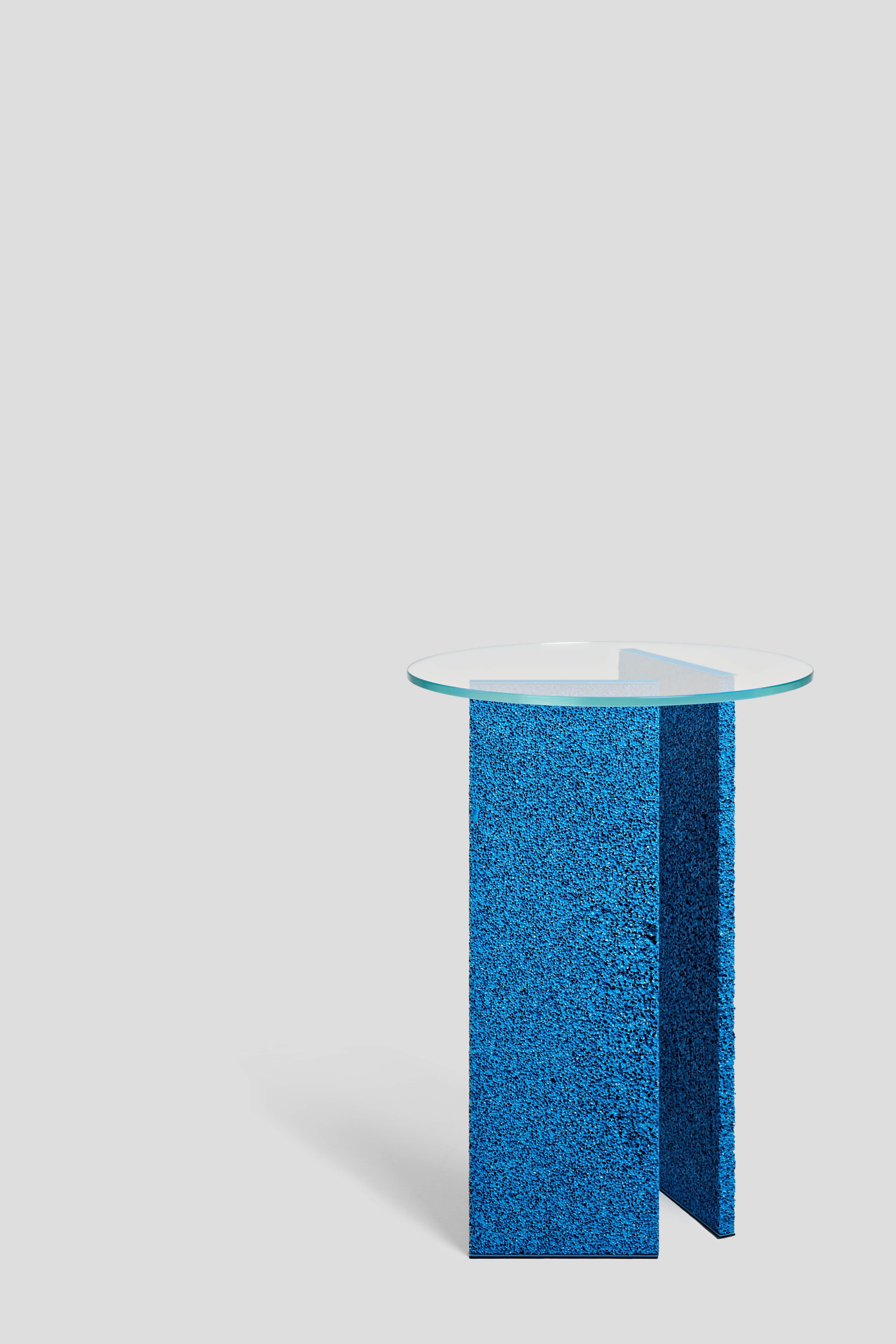 SLAB Textured Blue Side Table with Metal Legs and Glass Top In New Condition For Sale In London, GB