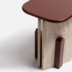 Slabs Amarone Red Laquered Top & Travertine Side Table