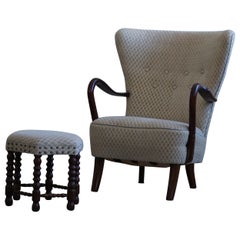Slagelse Møbelfabrik, Danish Modern Lounge Chairs with Footstool in Beech, 1960s