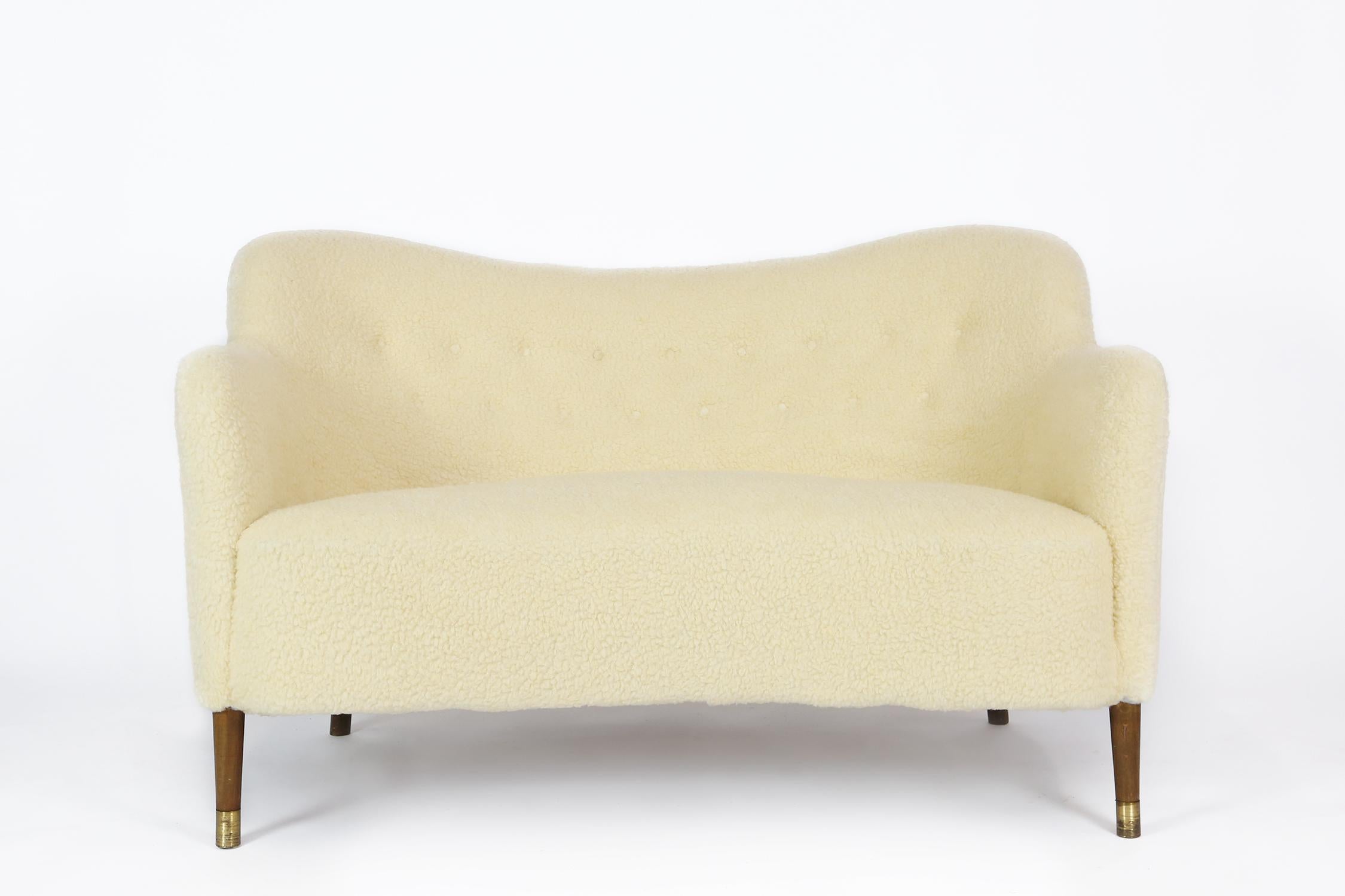 Mid-Century Modern Slagelse Mobelvaerk 1950s Curved Sheepskin Sofa, Attributed Nanna Ditzel For Sale