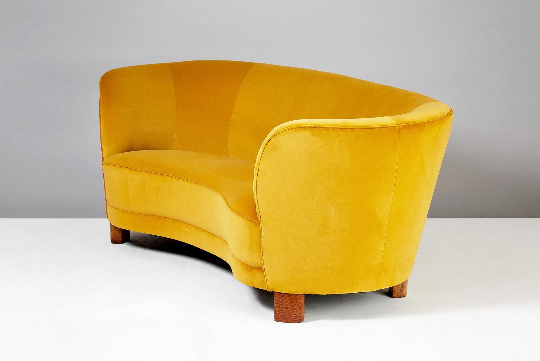 Curved sofa from Danish cabinetmakers Slagelse Mobelvaerk produced in Denmark circa 1940s. Oiled, patinated oak legs and new mustard yellow cotton velvet upholstery from Pierre Frey, Paris.