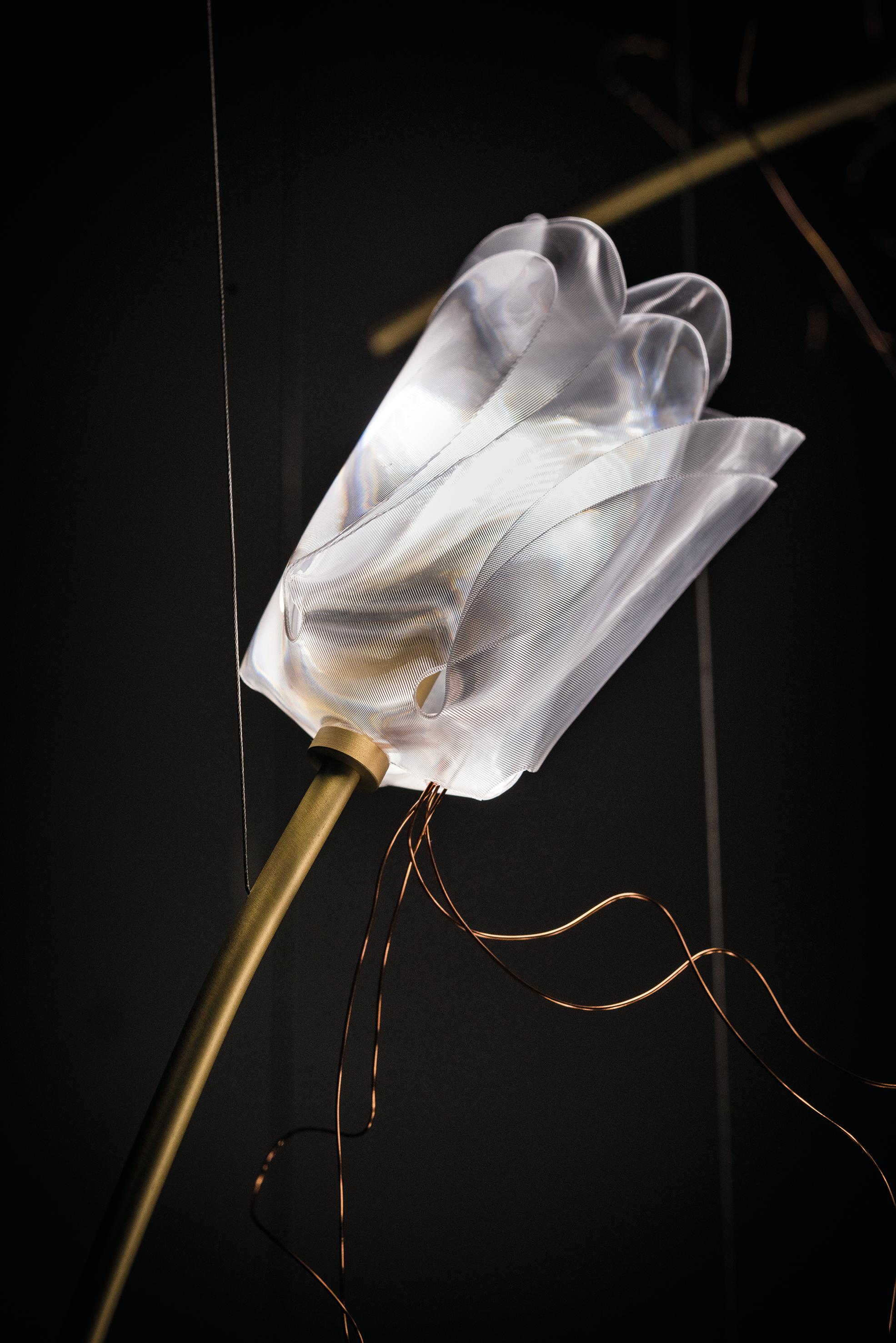 Imaginative, elegant, weightless. Tulip literally adorns spaces with floating blossoms that have been hand molded according to Slamp’s methods, making each unique. The almost invisible cables hold the suspended flowers that bloom from brushed brass