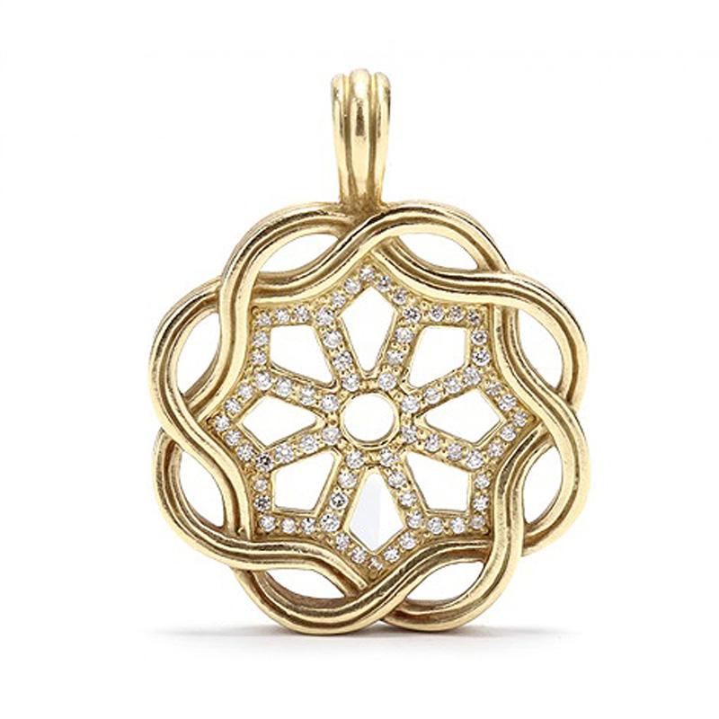 Slane&Slane 18K yellow gold pendant and a beautiful double corded leather necklace. The pendant is 1.8' in long x 1.4' in wide. Beautiful, round diamonds 1.03 carats ( H-I color SI Clarity ). To accompany, this beautiful pendant is a double corded