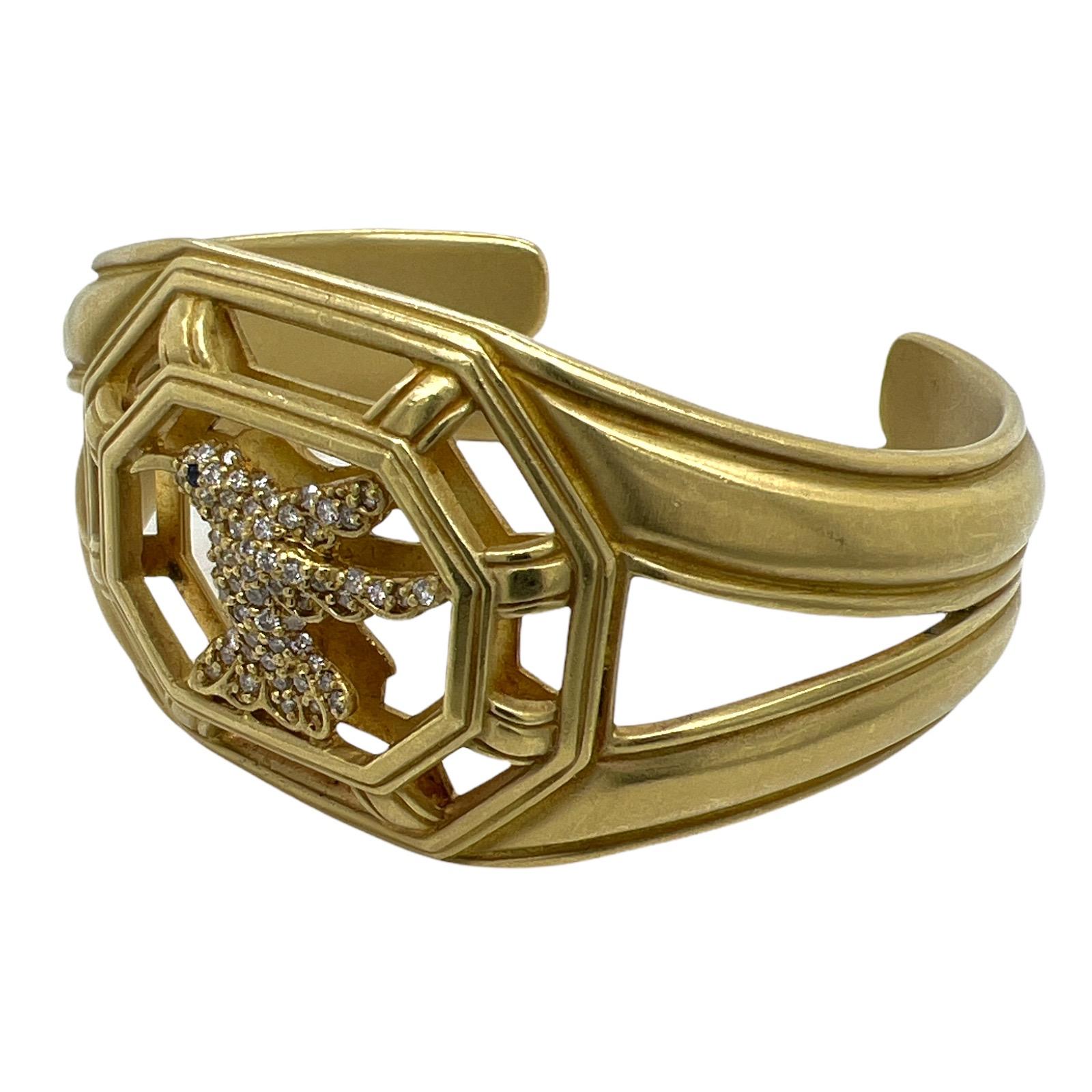 Modern Slane & Slane Diamond Hummingbird 18 Karat Yellow Gold Cuff Bangle Bracelet