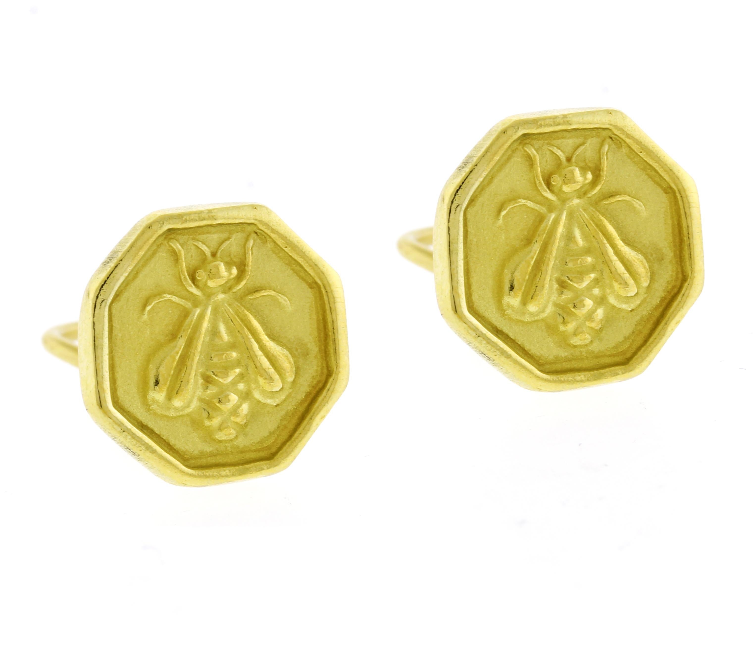 From sisters Landon and Heath Slane a pair of thier iconic honeycomb hexagon bee clip on earrings

♦ Designer: Slane & Slane
♦ Metal: 18 karat
♦ Circa 1990s
♦ 5/8th of an inch square 
♦ 14.4 grams
♦ Packaging: Pampillonia presentation box
♦