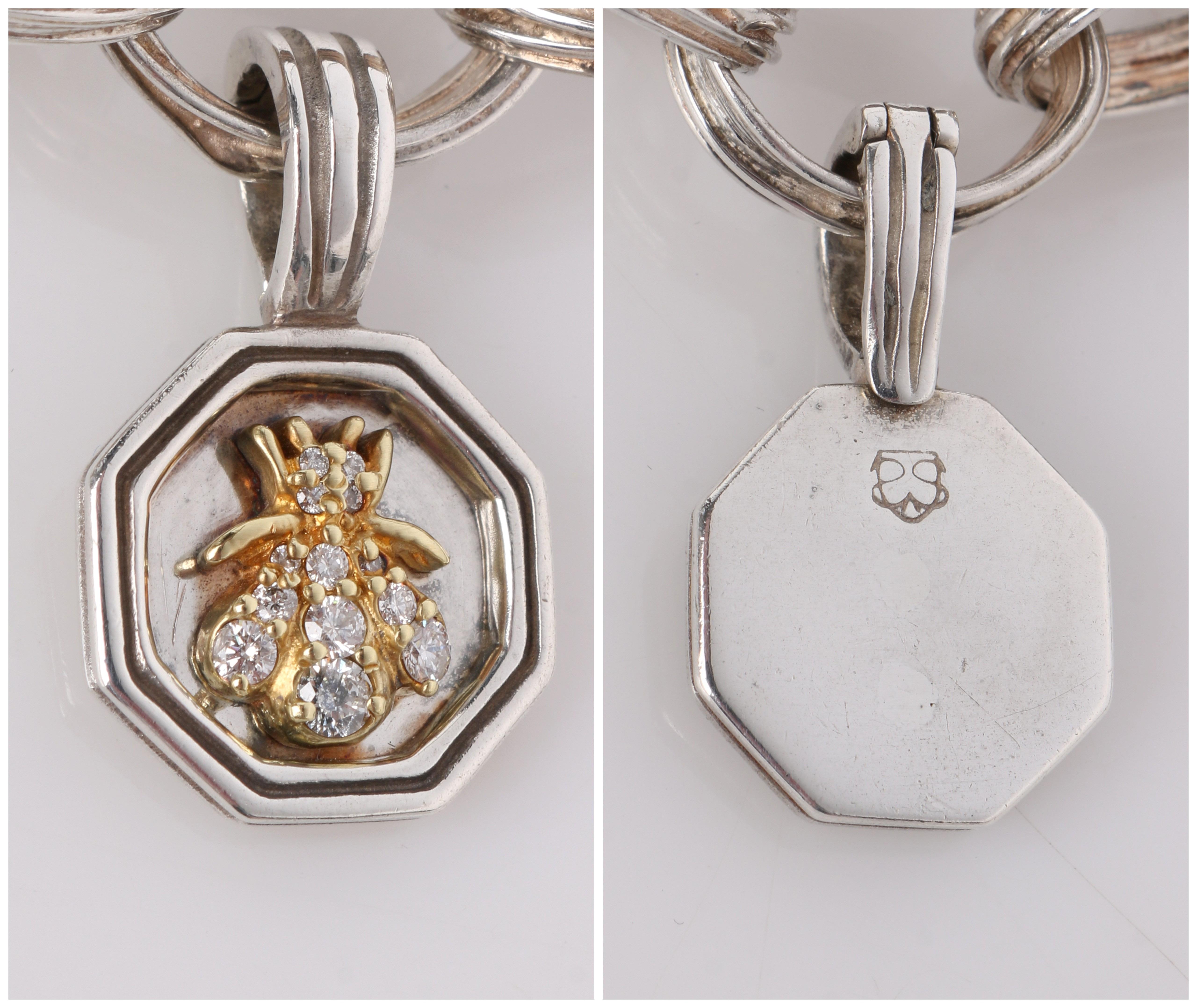 SLANE & SLANE Sterling Silver 18K Gold & Diamond Hexagon Bee Pendant Necklace In Good Condition In Thiensville, WI