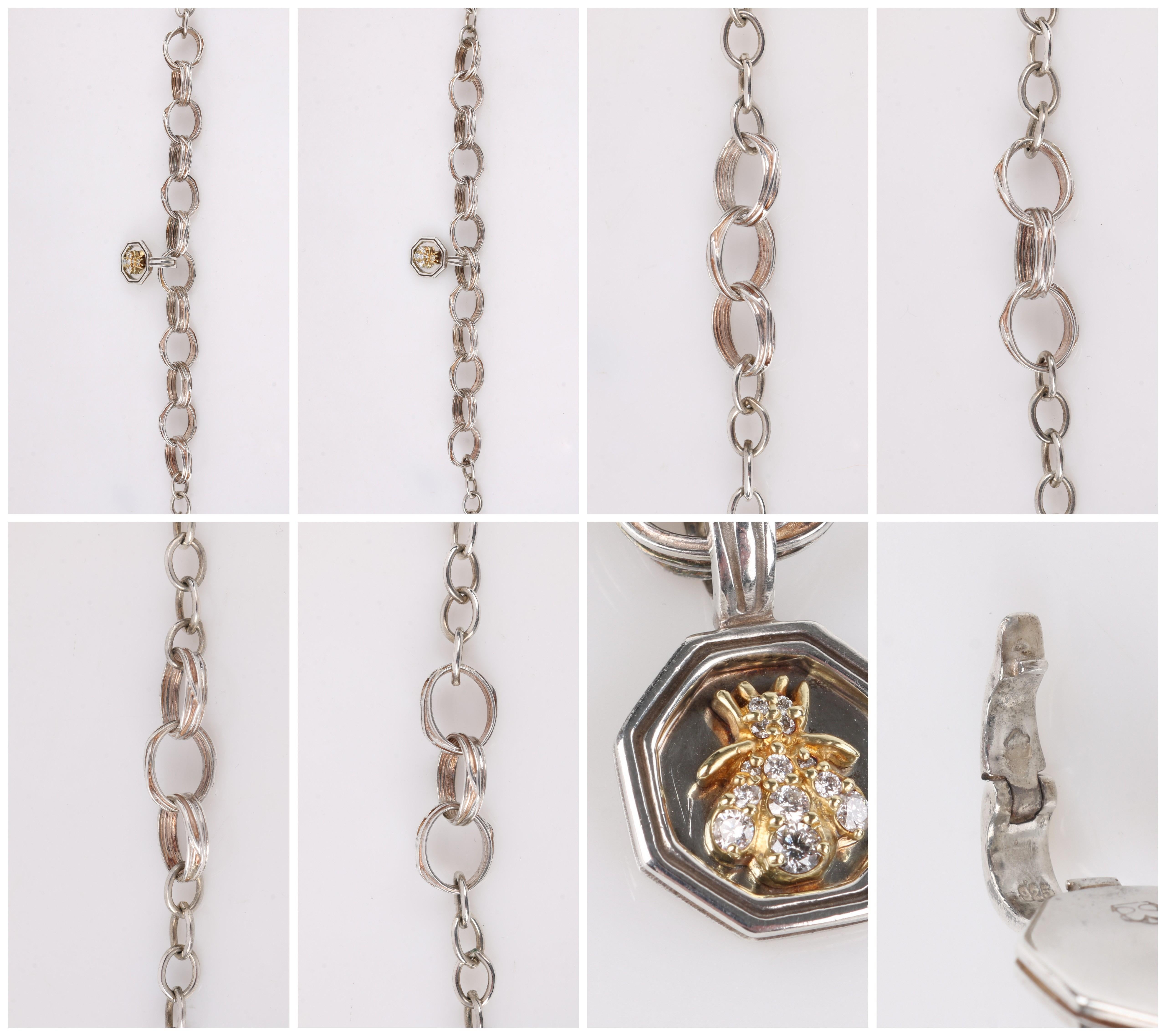 SLANE & SLANE Sterling Silver 18K Gold & Diamond Hexagon Bee Pendant Necklace 2