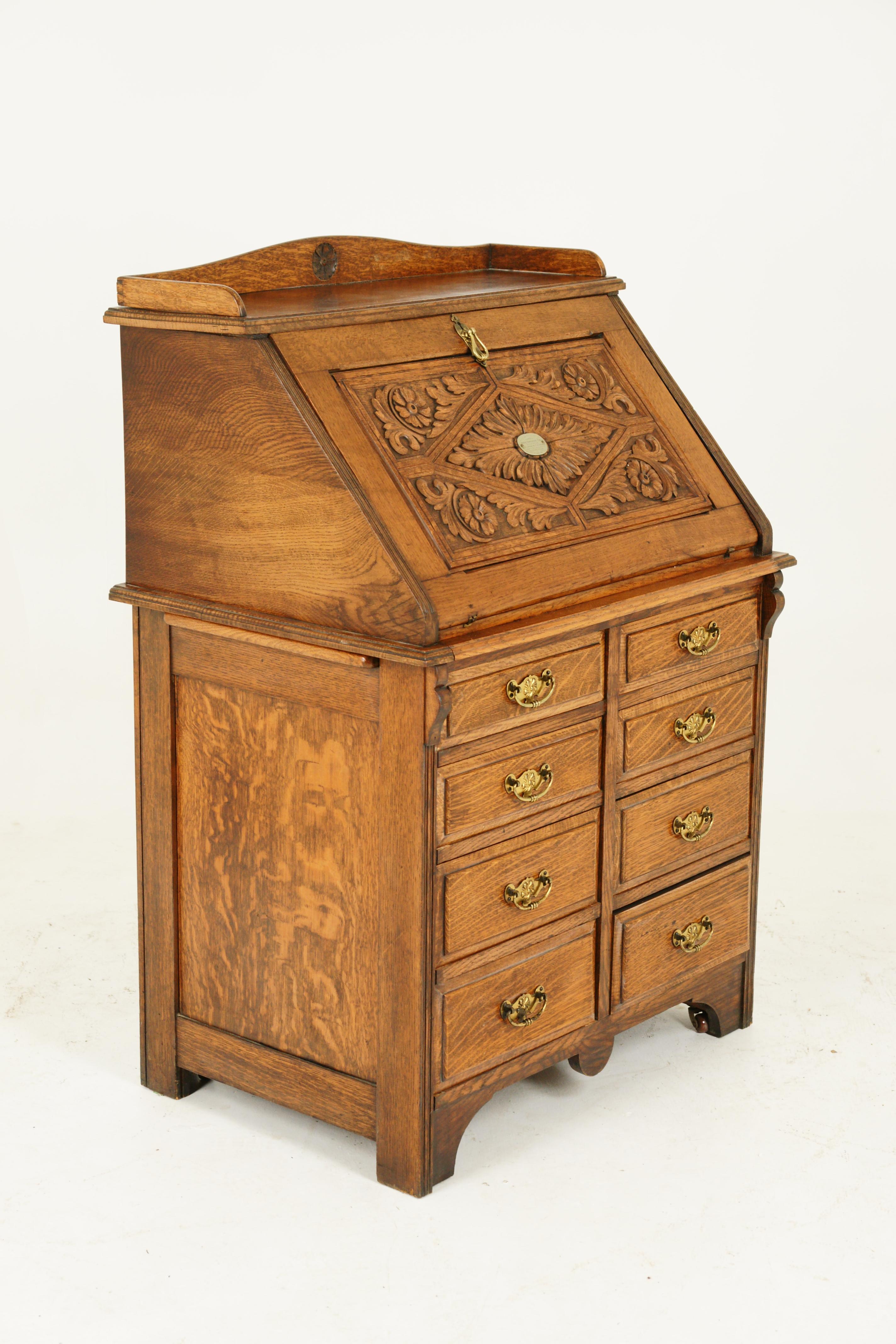 Slant Front Desk Antique Carved Desk File Cabinet Tiger Oak