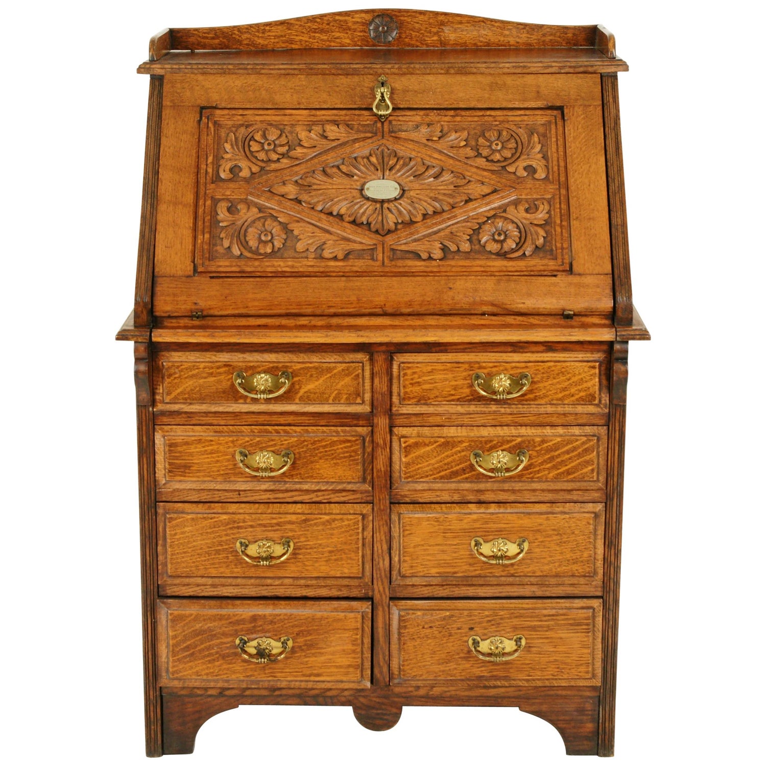 Slant Front Desk Antique Carved Desk File Cabinet Tiger Oak