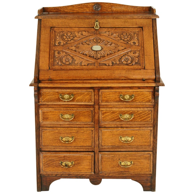 Slant Front Desk Antique Carved File Cabinet Tiger Oak 1880 Slant Front Desk Antique Carved File Cabinet Tiger Oak 1880 For