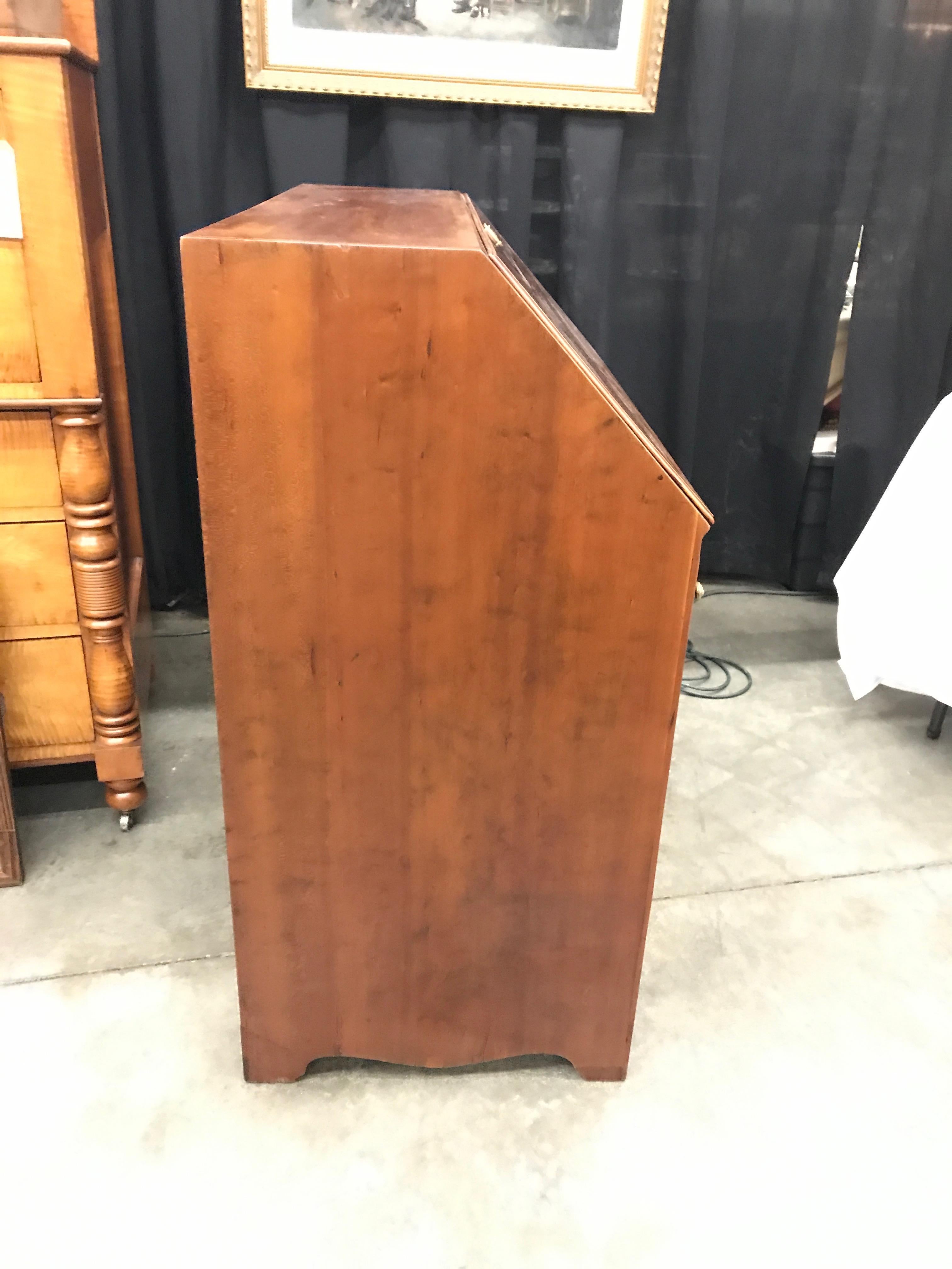 American Craftsman Slant Front Desk in Figured Cherry with Wood Knobs and Brass Escutcheons For Sale