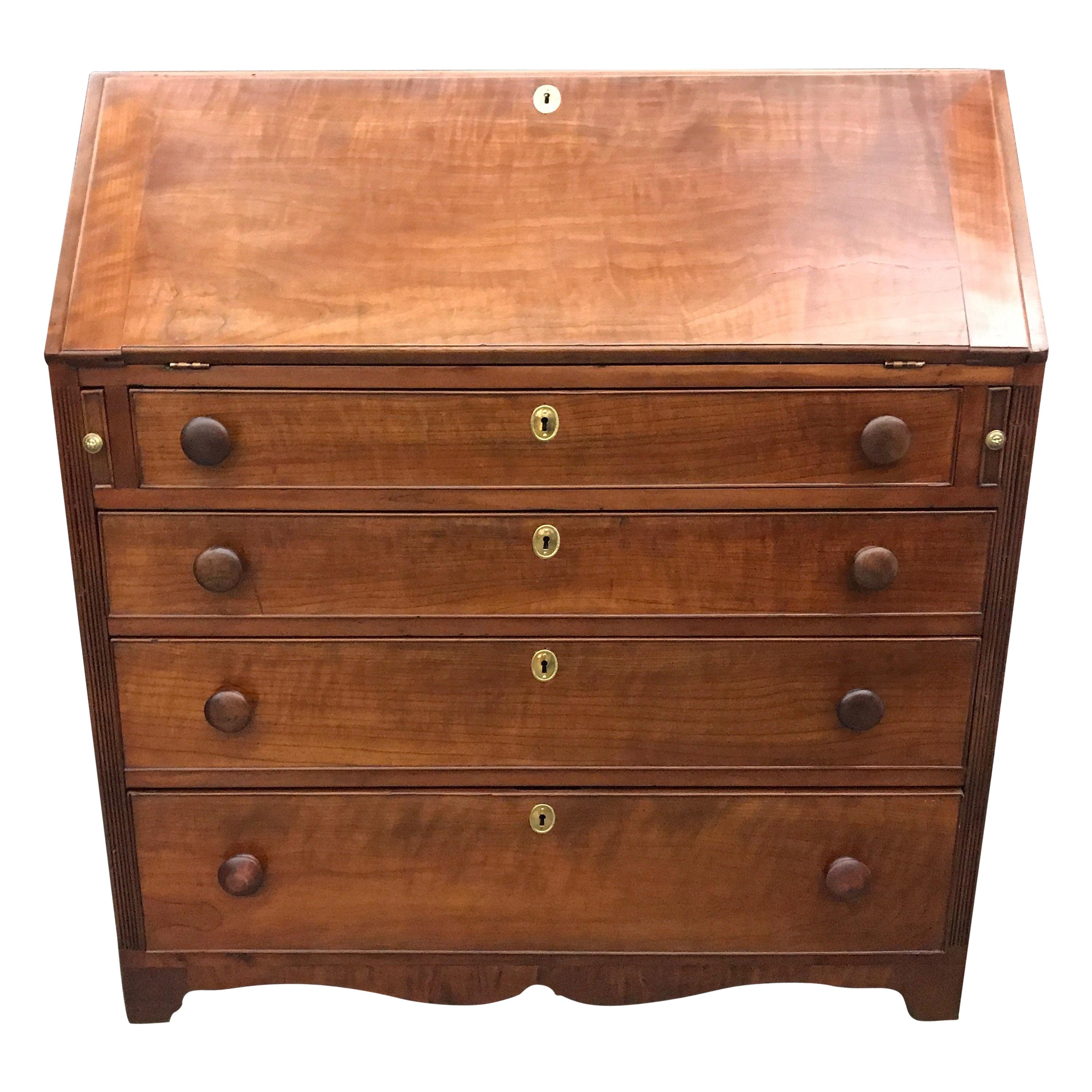 Slant Front Desk in Figured Cherry with Wood Knobs and Brass Escutcheons For Sale