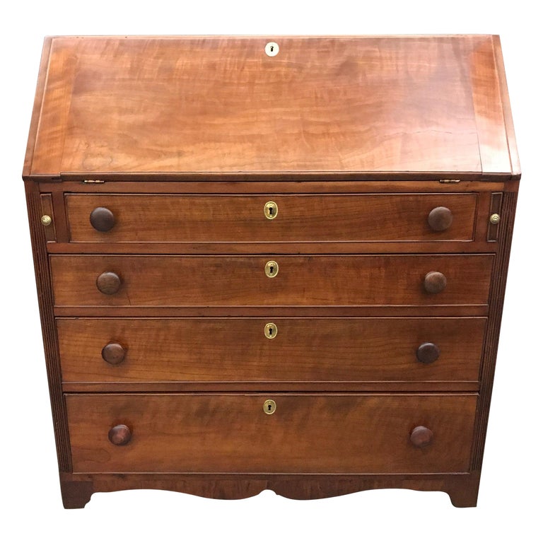 Slant Front Desk in Figured Cherry with Wood Knobs and Brass Escutcheons For Sale at 1stDibs