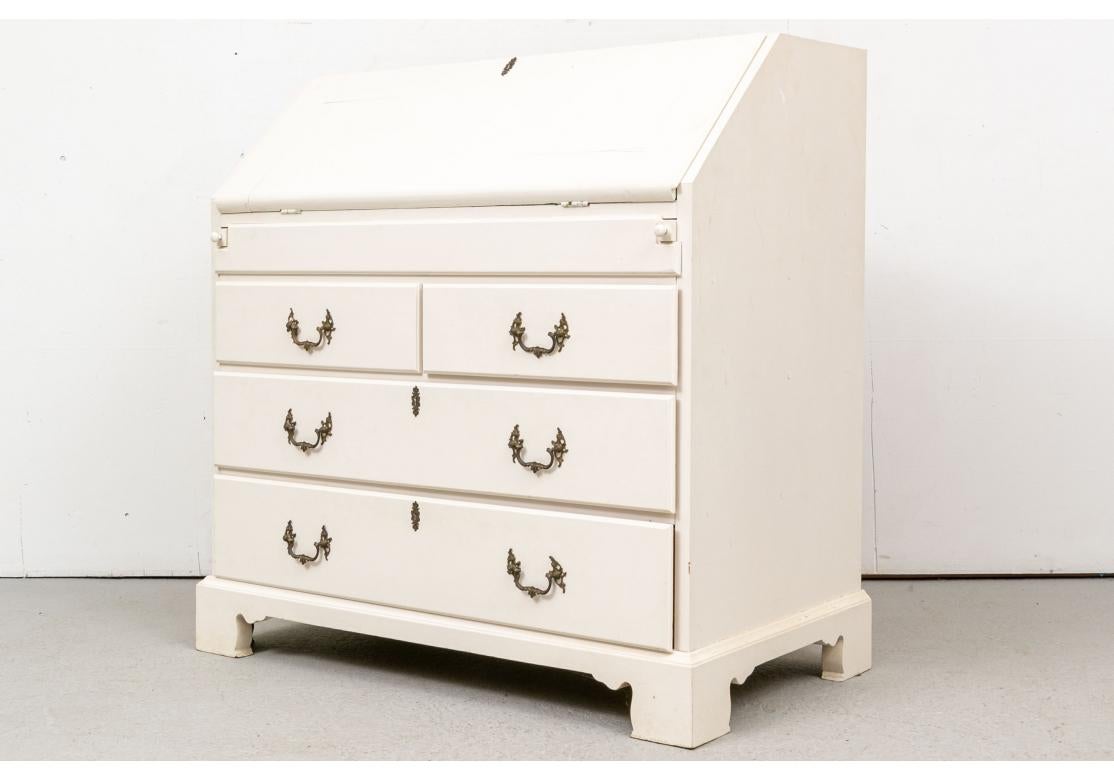 Slant Front Pine Chest Paint Decorated In White And Green For Sale 8