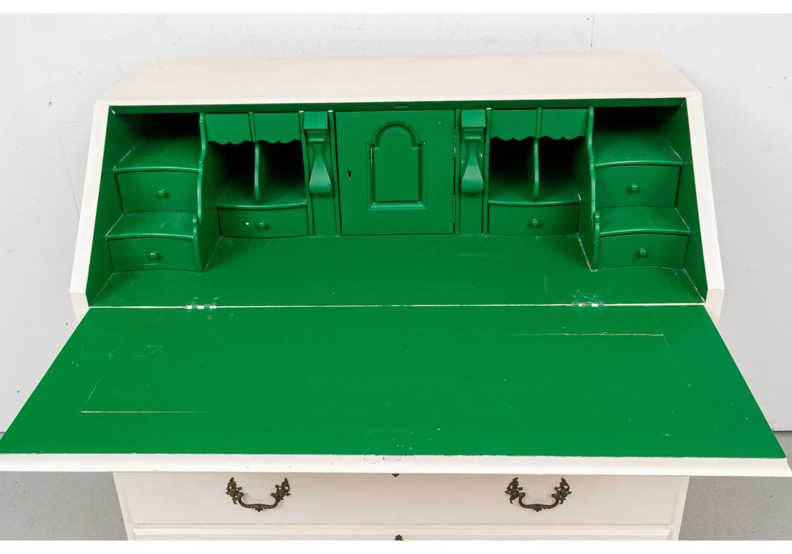 Slant Front Pine Chest Paint Decorated In White And Green In Fair Condition For Sale In Bridgeport, CT