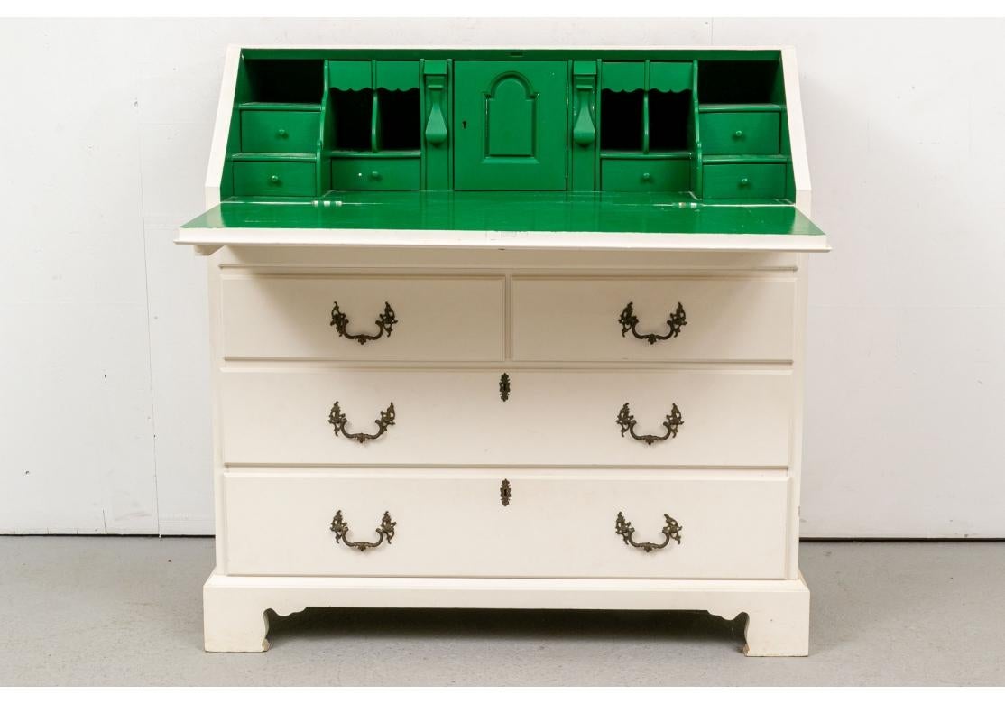 20th Century Slant Front Pine Chest Paint Decorated In White And Green For Sale