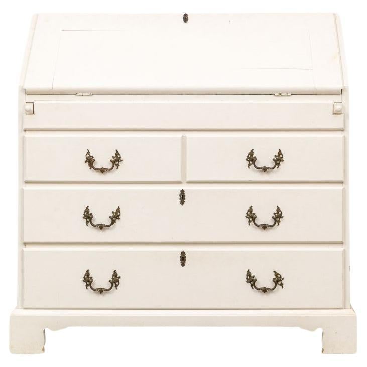 Slant Front Pine Chest Paint Decorated In White And Green For Sale