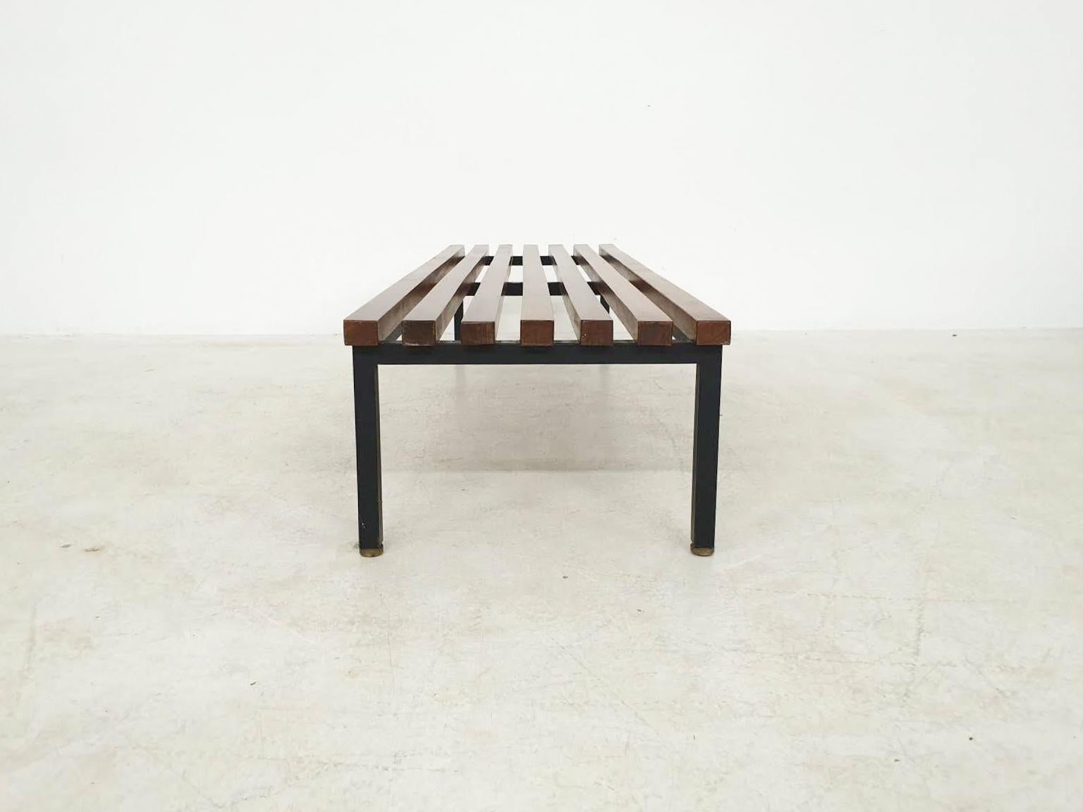 Italian Slat Bench by Fratelli Saporiti in Wood, Metal and Brass, Italy, 1950s