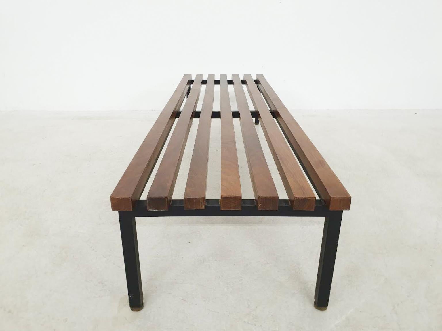 Slat Bench by Fratelli Saporiti in Wood, Metal and Brass, Italy, 1950s In Good Condition In Amsterdam, NL