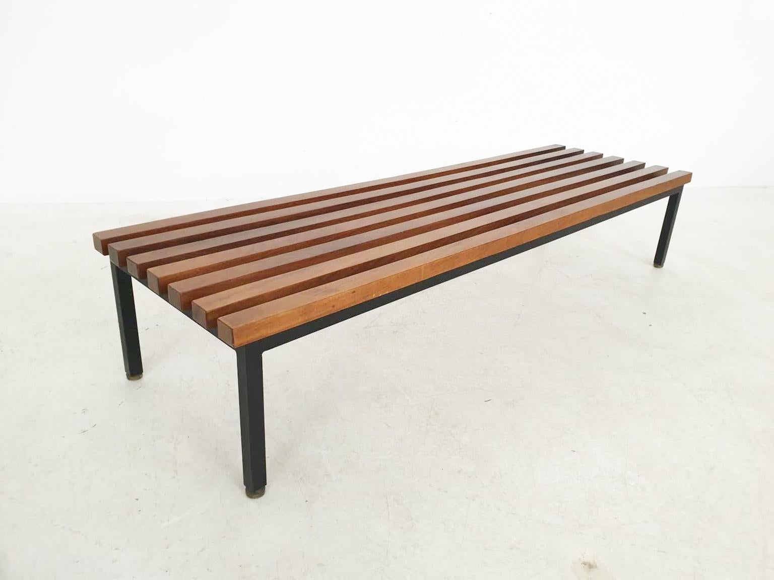 Slat Bench by Fratelli Saporiti in Wood, Metal and Brass, Italy, 1950s 1