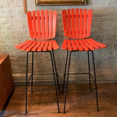 Slat Maple and Wrought Iron Counter Stools by Arthur Umanoff