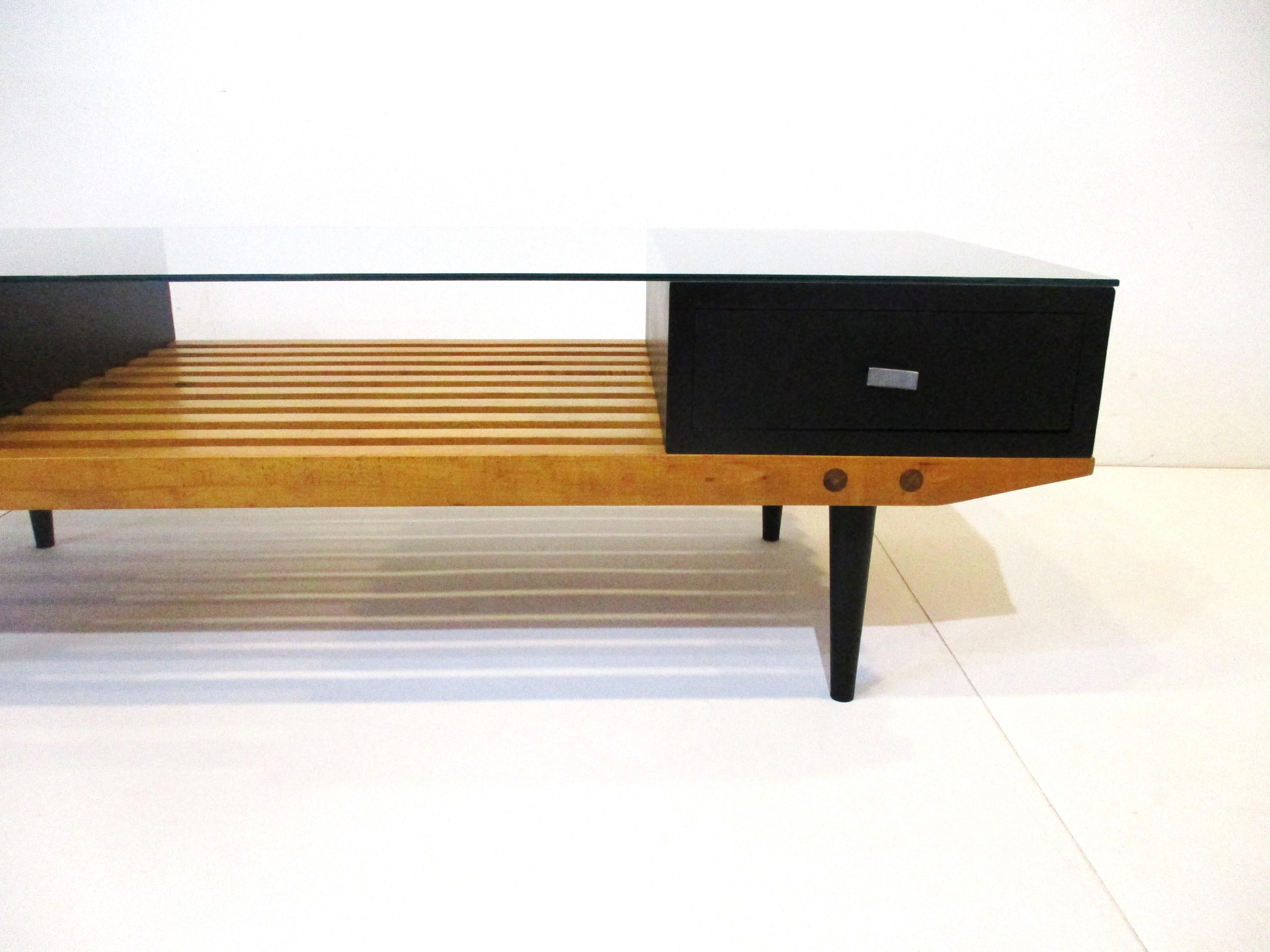 Mid-Century Modern Slat Wood / Glass Coffee Table in the Style of Nelson, Herman Miller For Sale
