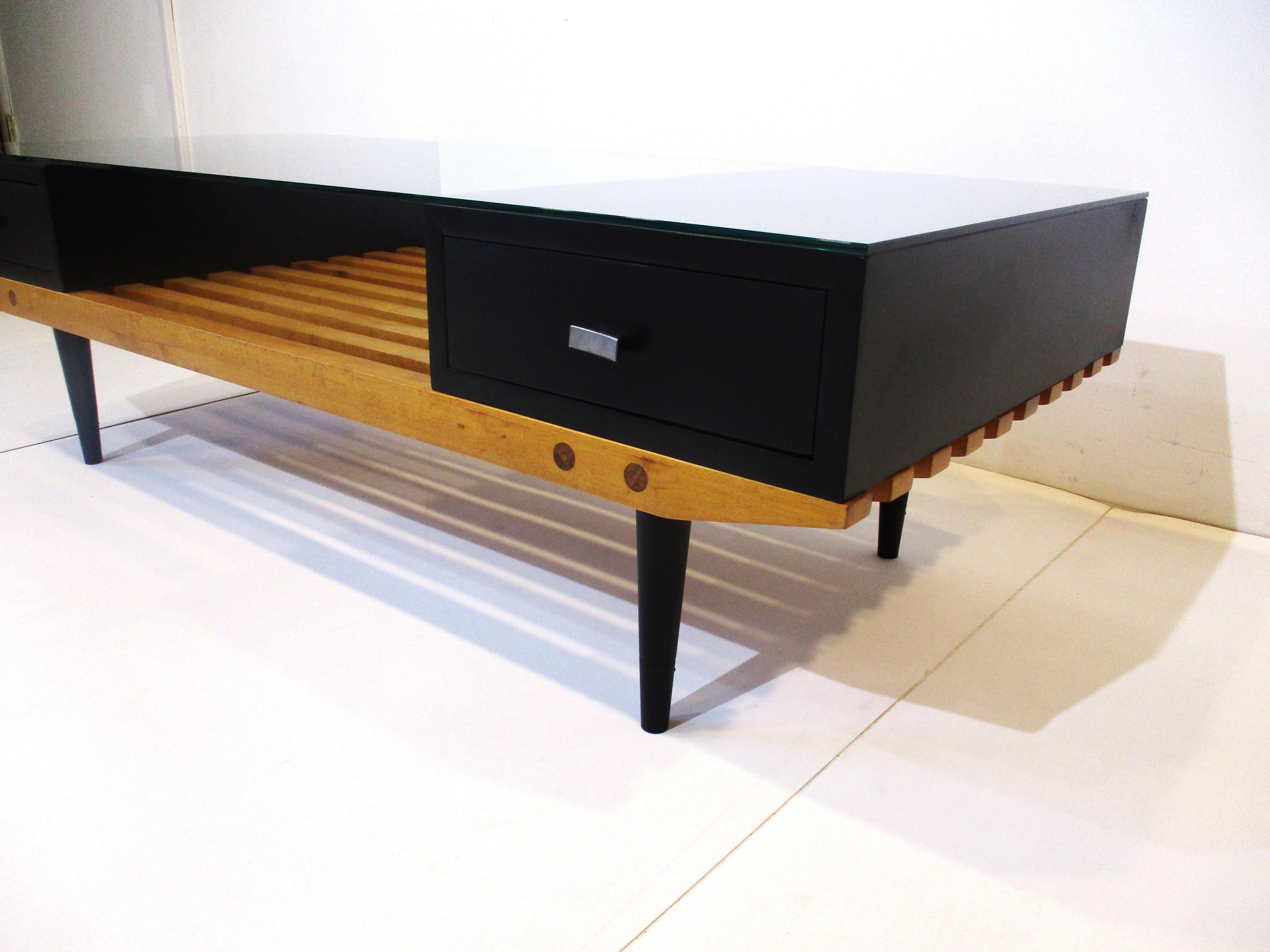 Slat Wood / Glass Coffee Table in the Style of Nelson, Herman Miller For Sale 2