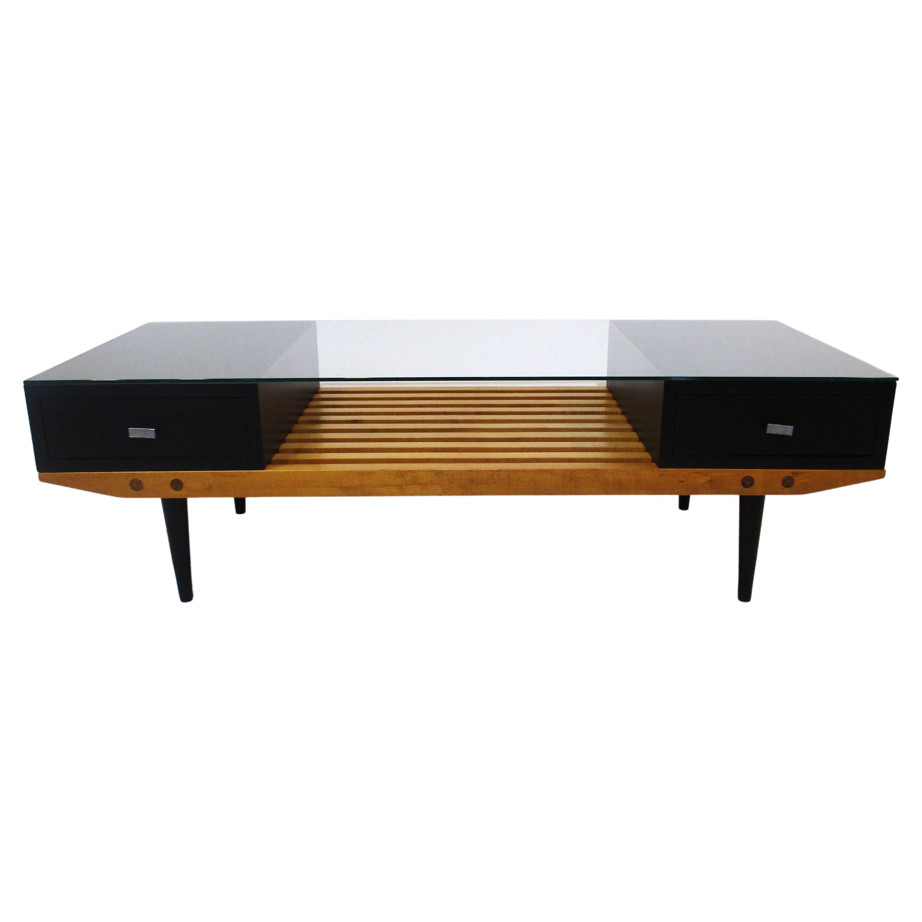 Slat Wood / Glass Coffee Table in the Style of Nelson, Herman Miller For Sale