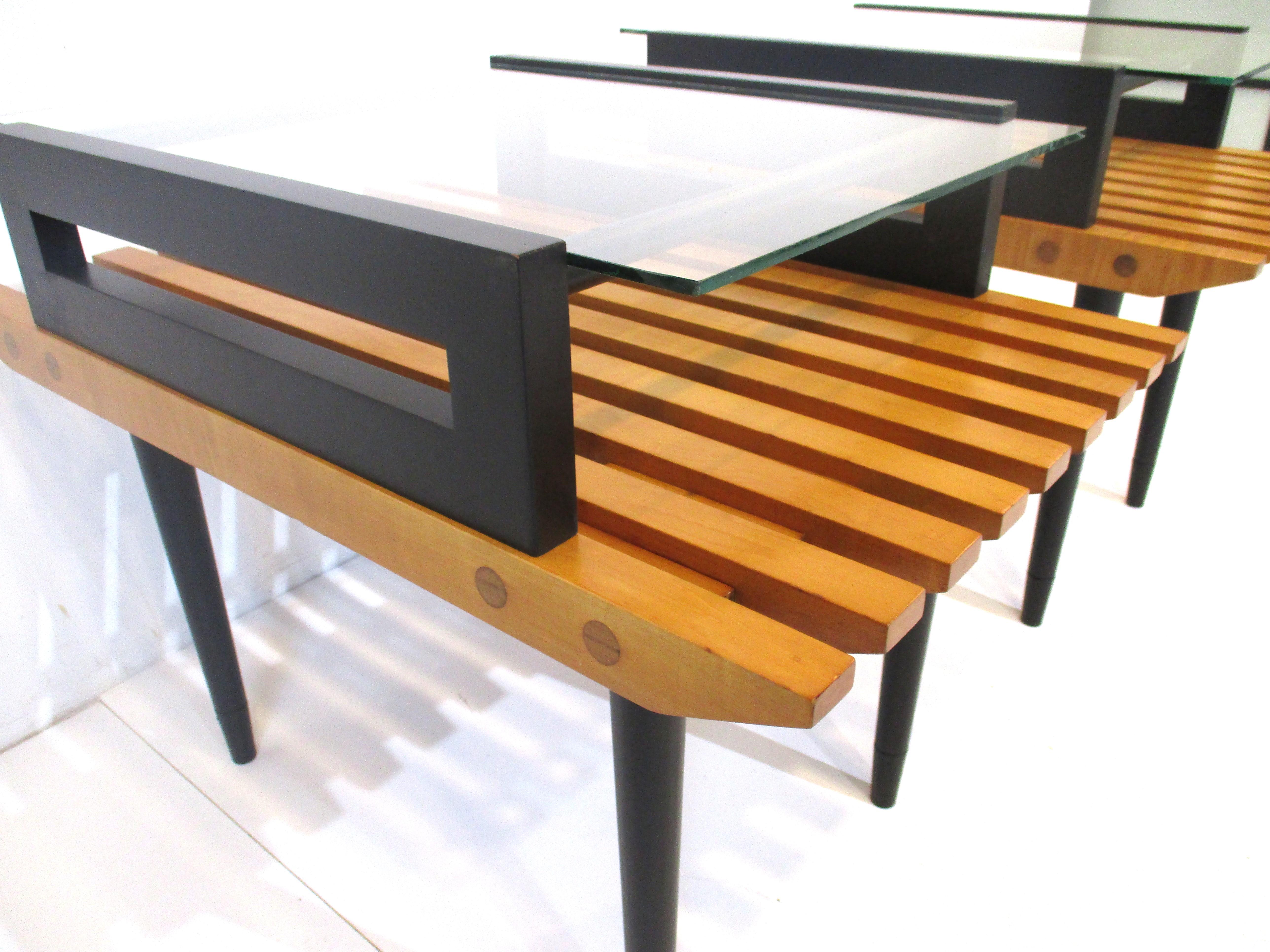 Glass Slat Wood Side Tables in the styled of George Nelson and Herman Miller For Sale