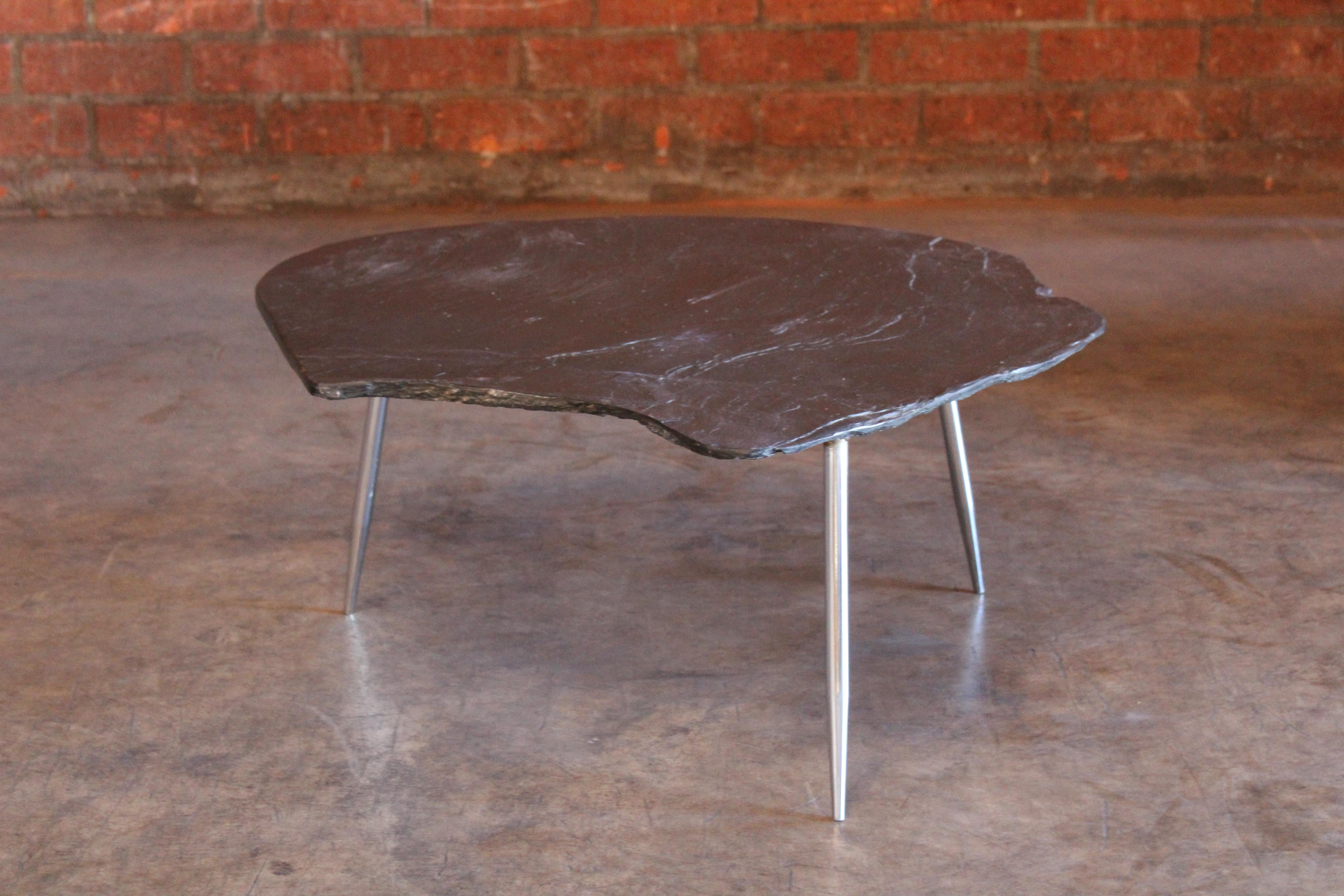 Slate and Chromed Steel Stiletto Leg Table, France, 1960s In Good Condition In Los Angeles, CA