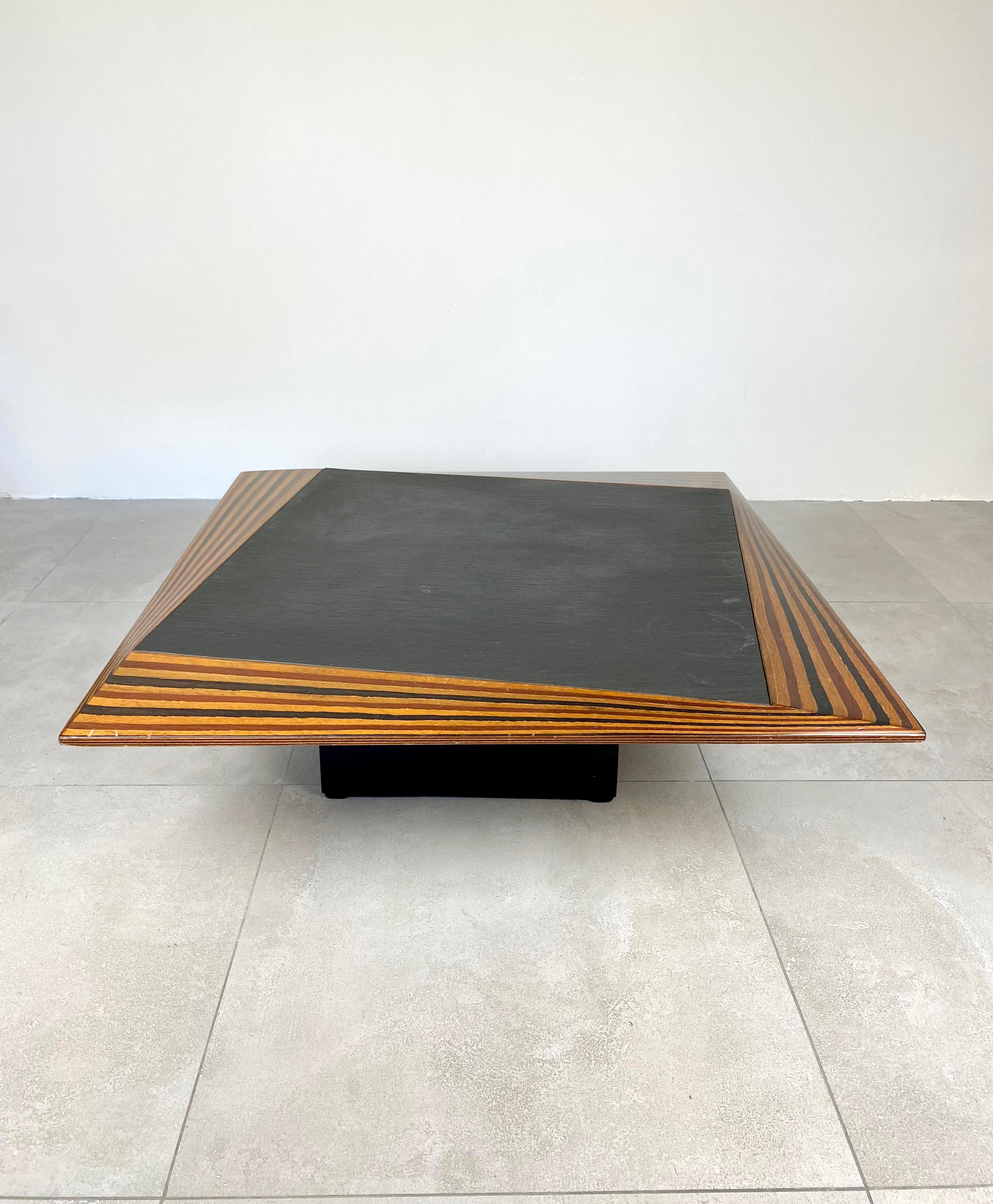 Large low coffee table in slate and wood in the style of the Italian designer Tobia Scarpa, Italy, 1980s.