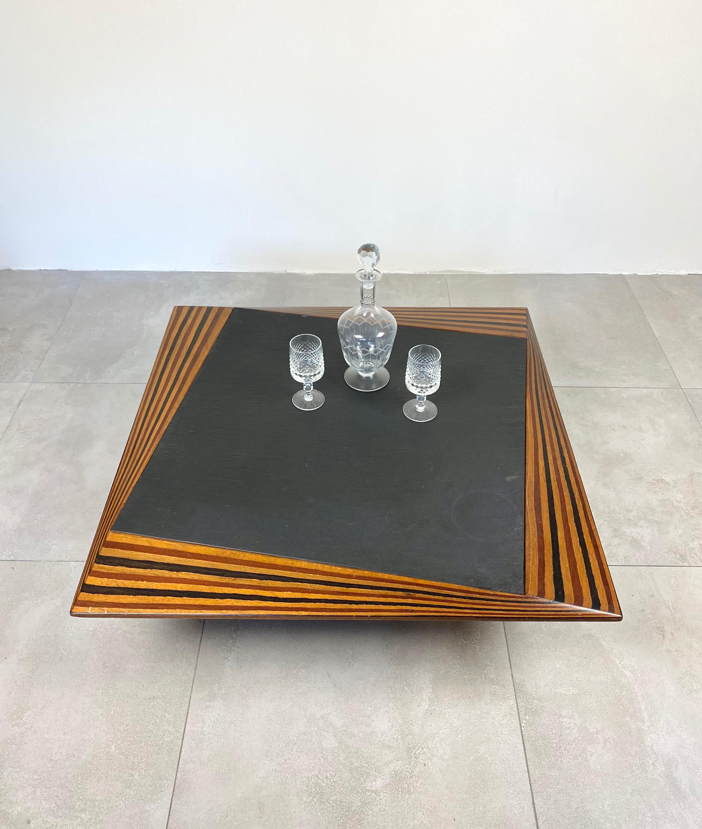 Italian Slate and Wood Coffee Low Table in Tobia Scarpa Style, Italy, 1980s For Sale