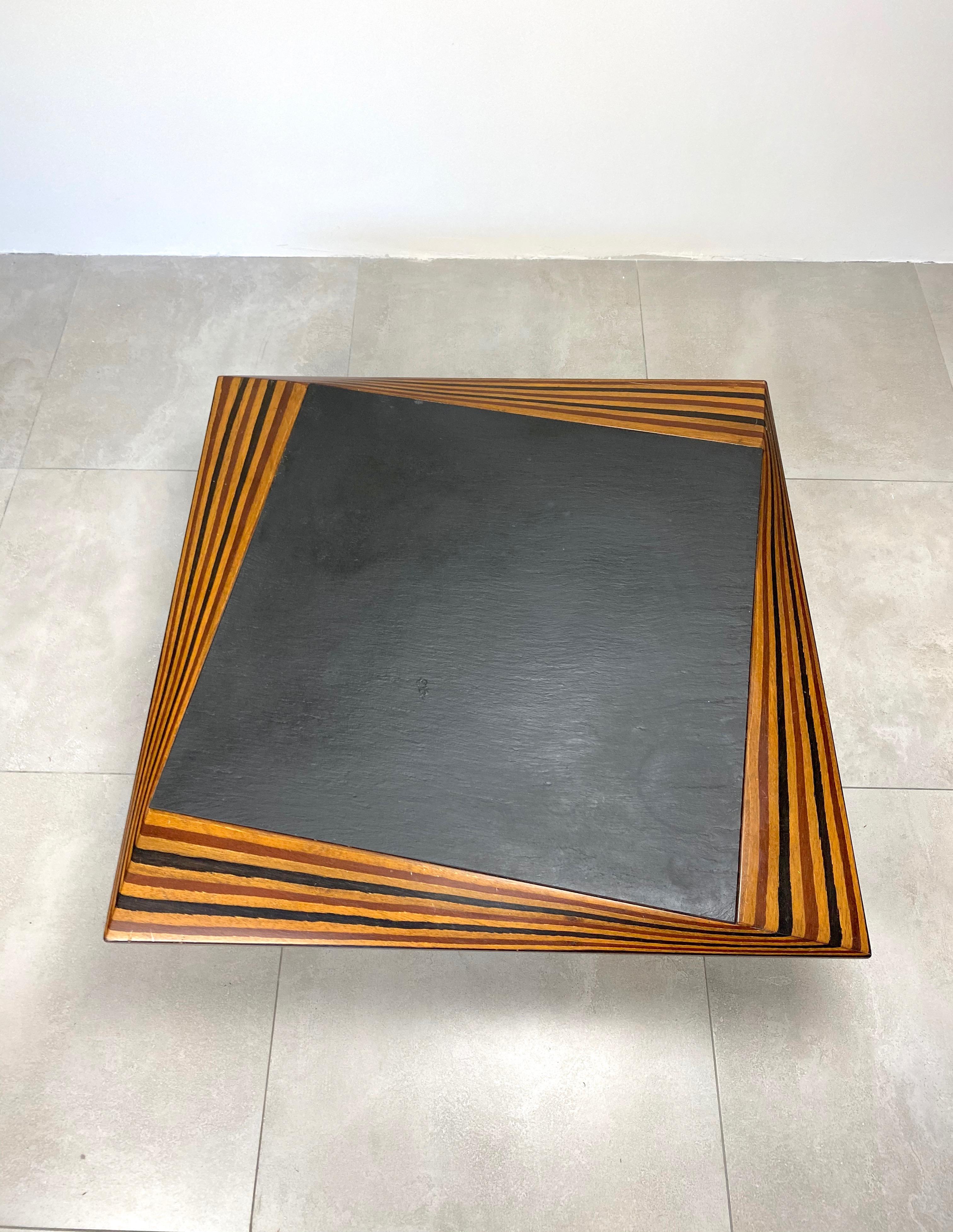 Slate and Wood Coffee Low Table in Tobia Scarpa Style, Italy, 1980s For Sale 1
