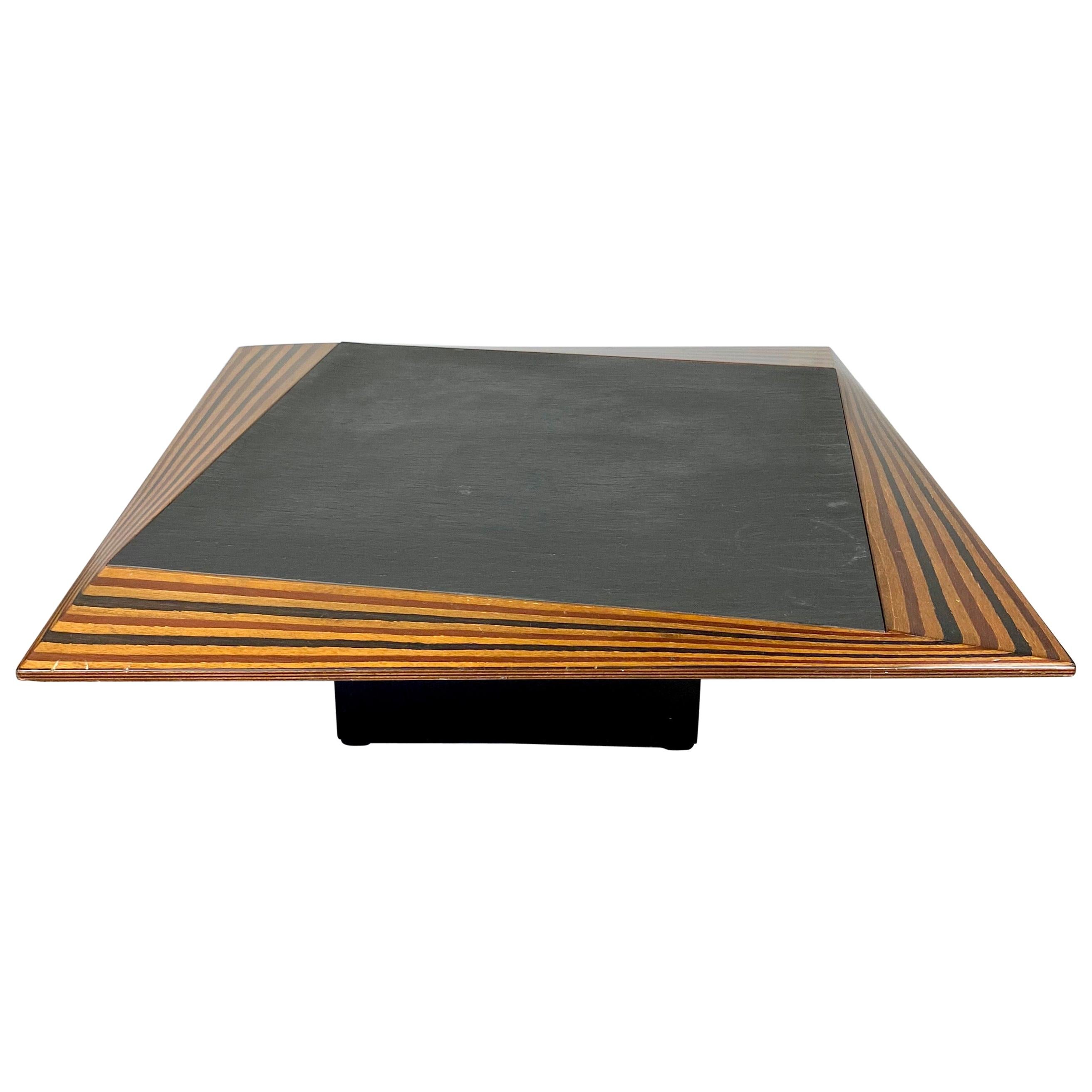 Slate and Wood Coffee Low Table in Tobia Scarpa Style, Italy, 1980s