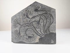 Slate Bas-Relief with Floral Motifs, Signed, 1970s