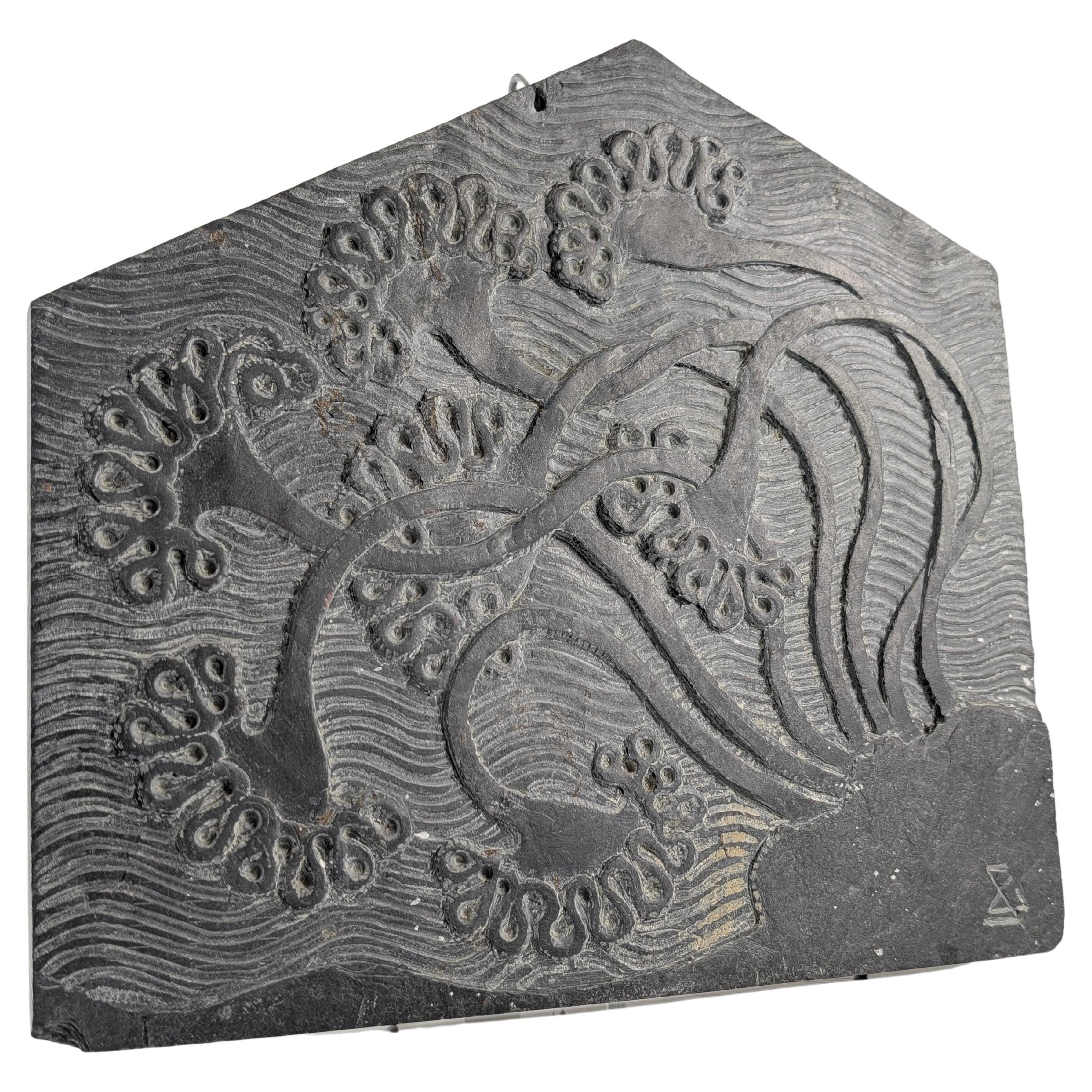 Slate Bas-Relief with Floral Motifs, Signed, 1970s