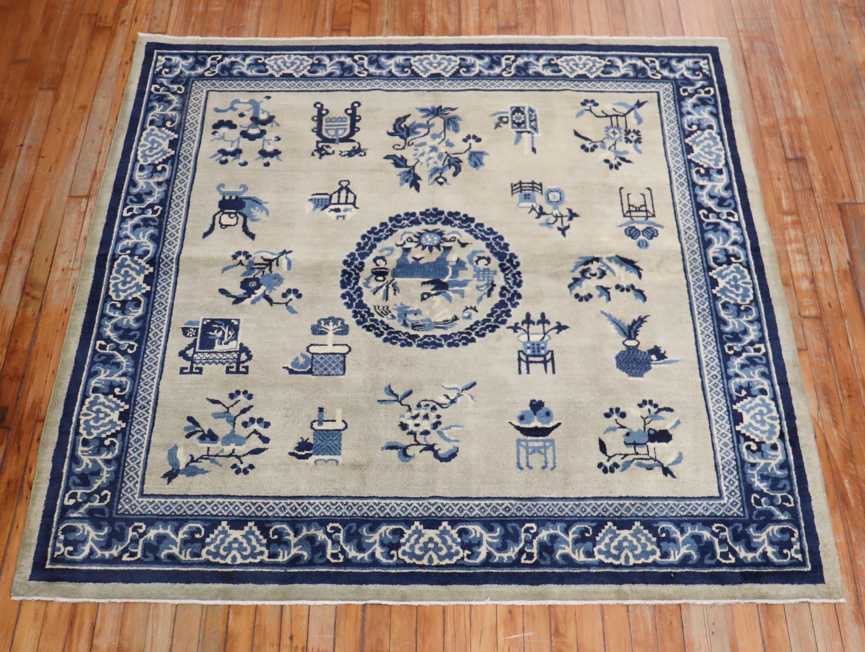 Slate Blue Chinese Square Rug In Good Condition For Sale In New York, NY