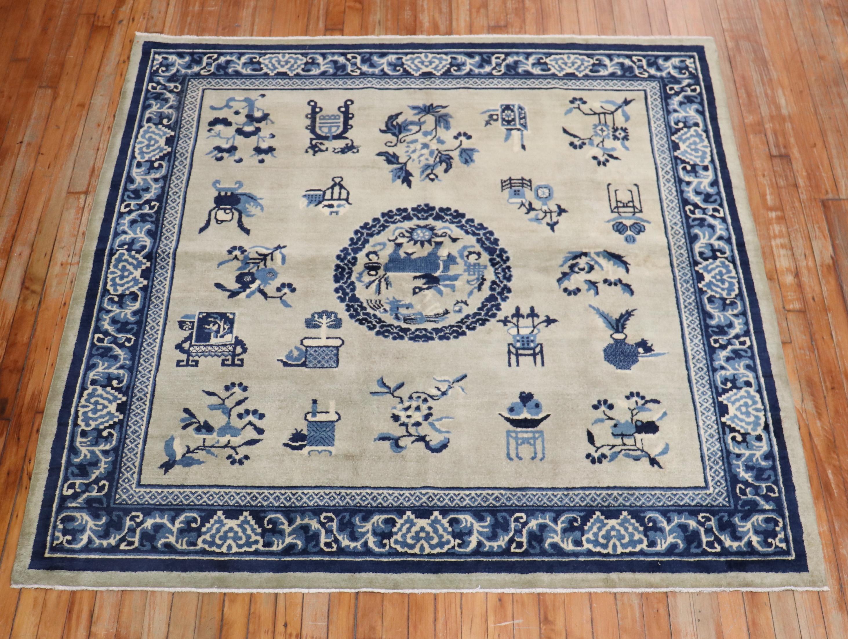 Zabihi Collection Rare Slate Blue Chinese Square Rug In Good Condition For Sale In New York, NY