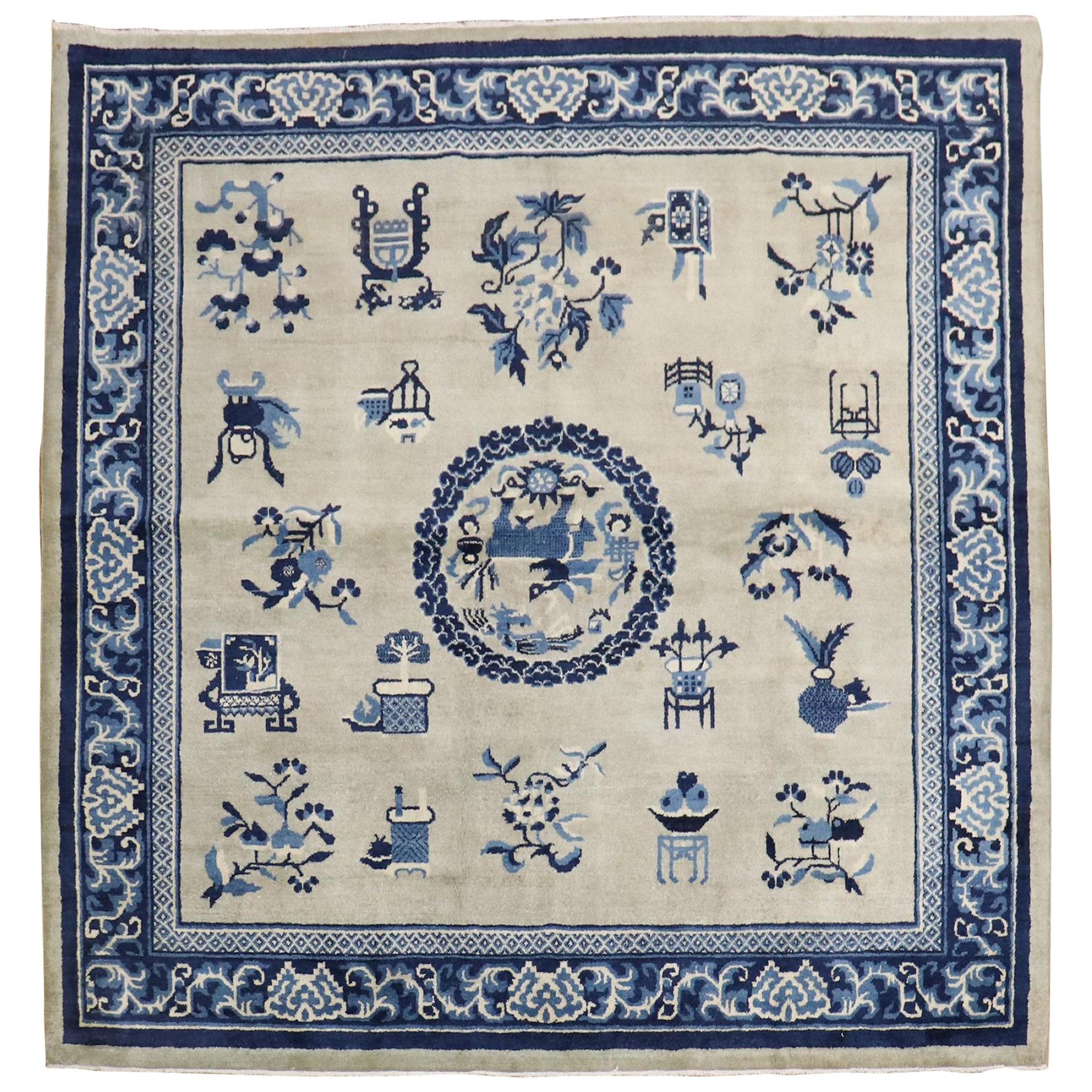 Slate Blue Chinese Square Rug For Sale