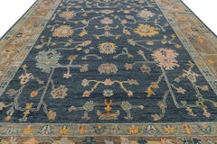 Slate Blue Modern Oushak Style Hand-Knotted Wool Rug Transitional Floral Design