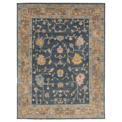 Slate Blue Modern Oushak Style Hand-Knotted Wool Rug Transitional Floral Design