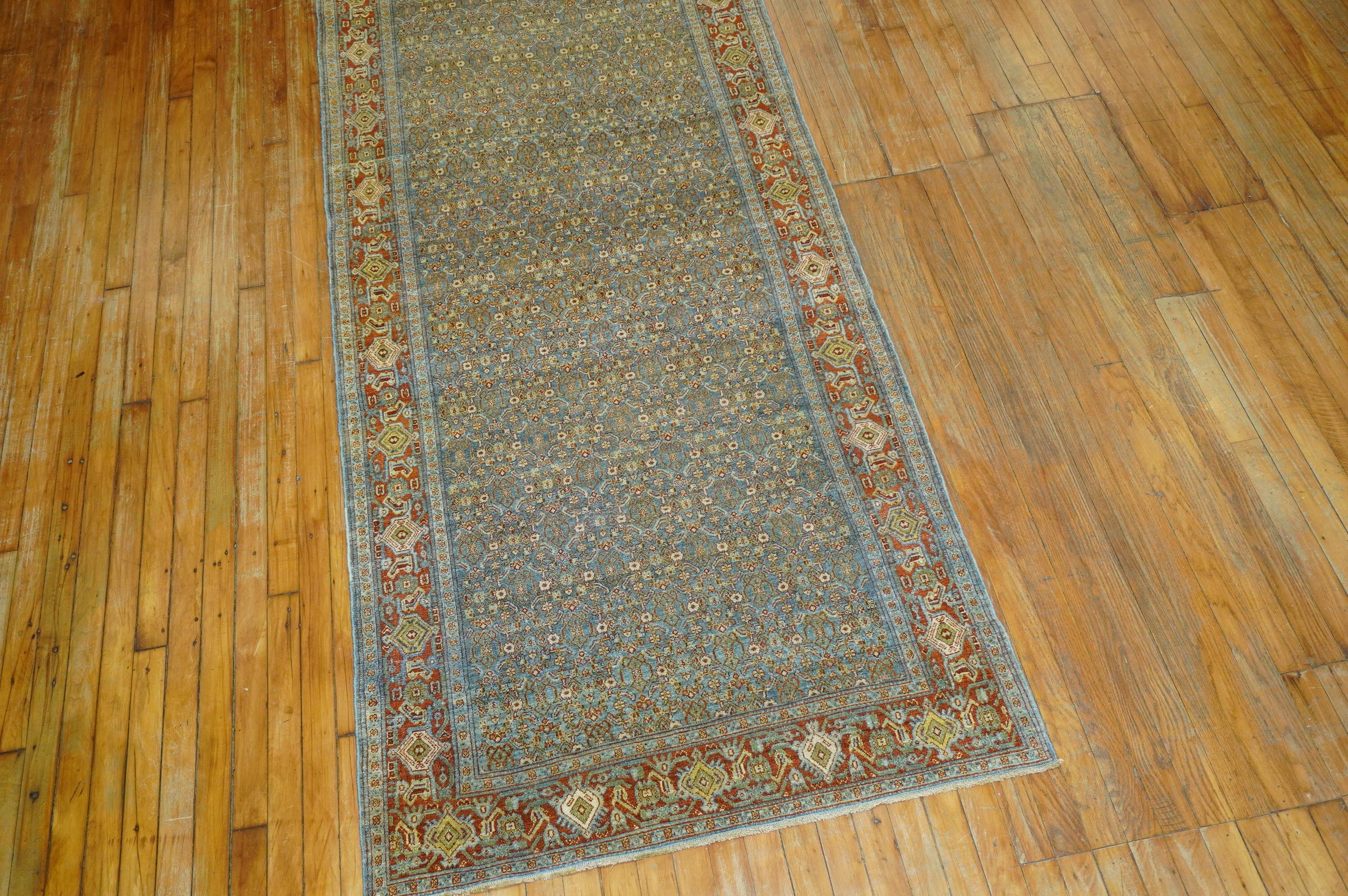 Slate Blue Persian Senneh Wide Long Runner, Early 20th Century For Sale 4