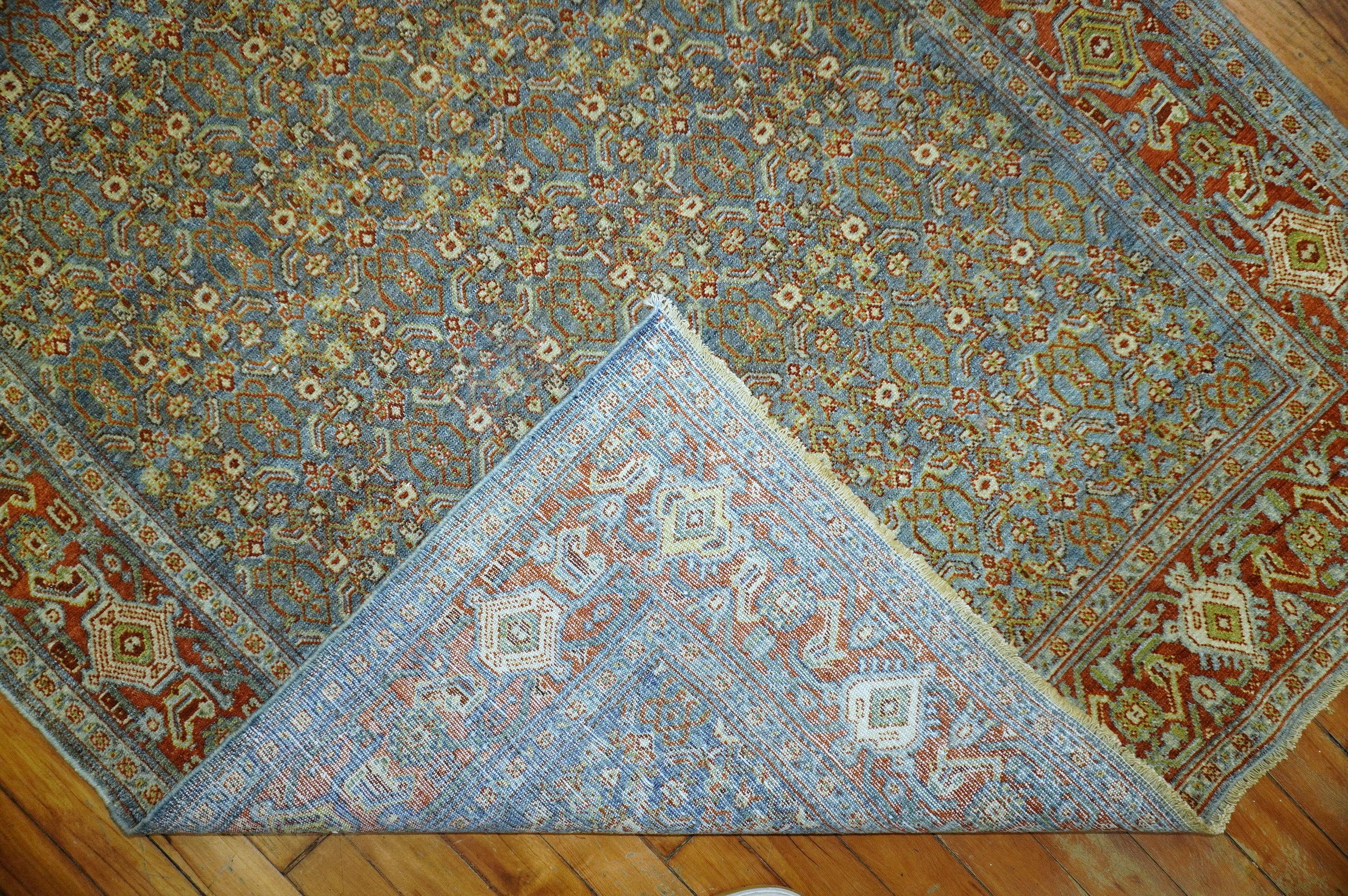 Hand-Knotted Slate Blue Persian Senneh Wide Long Runner, Early 20th Century For Sale